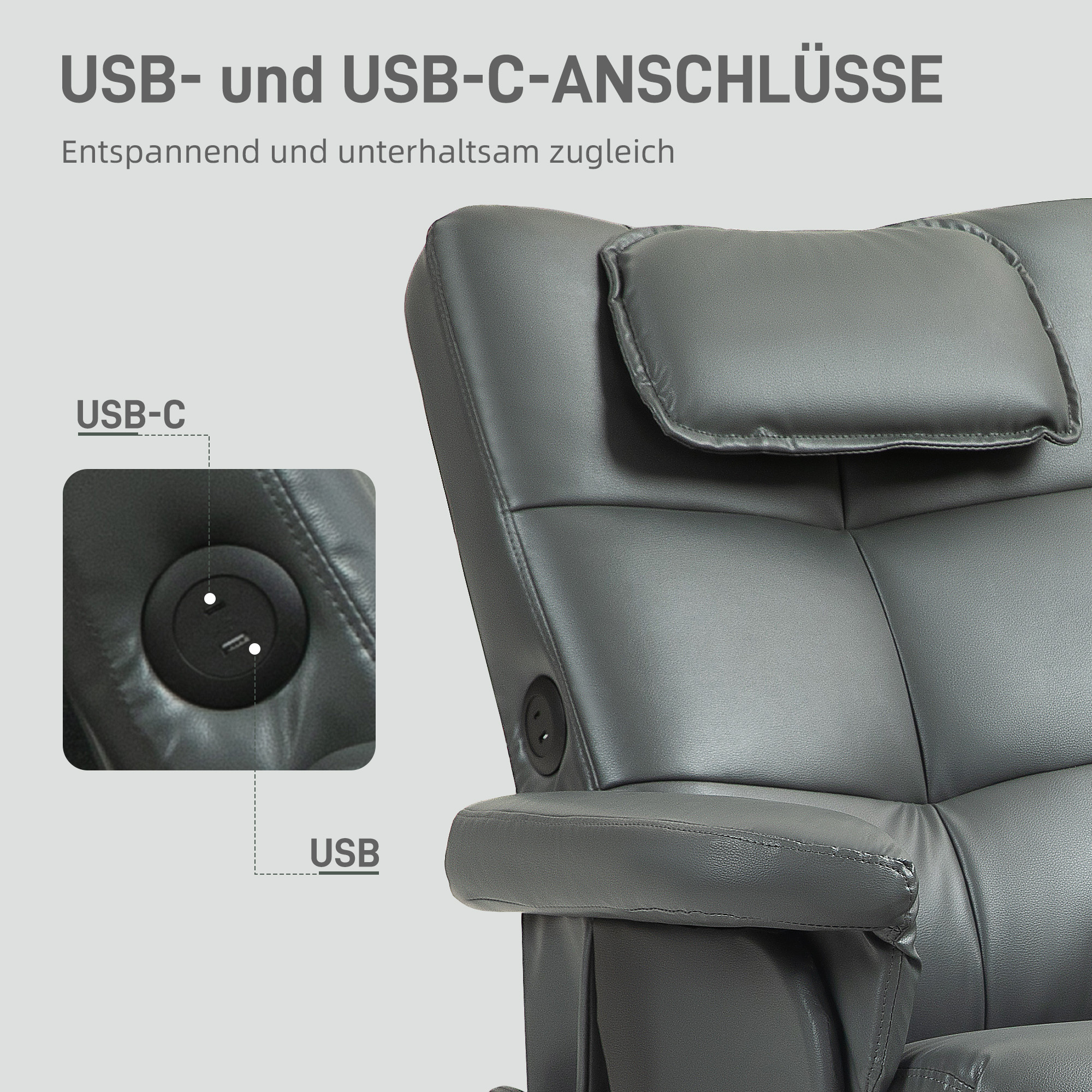 HOMCOM Massagestoel met Voetenbank, Verstelbare Rugleuning, USB-Oplaadpoort, Lederlook, tot 150 kg, Donkergrijs
