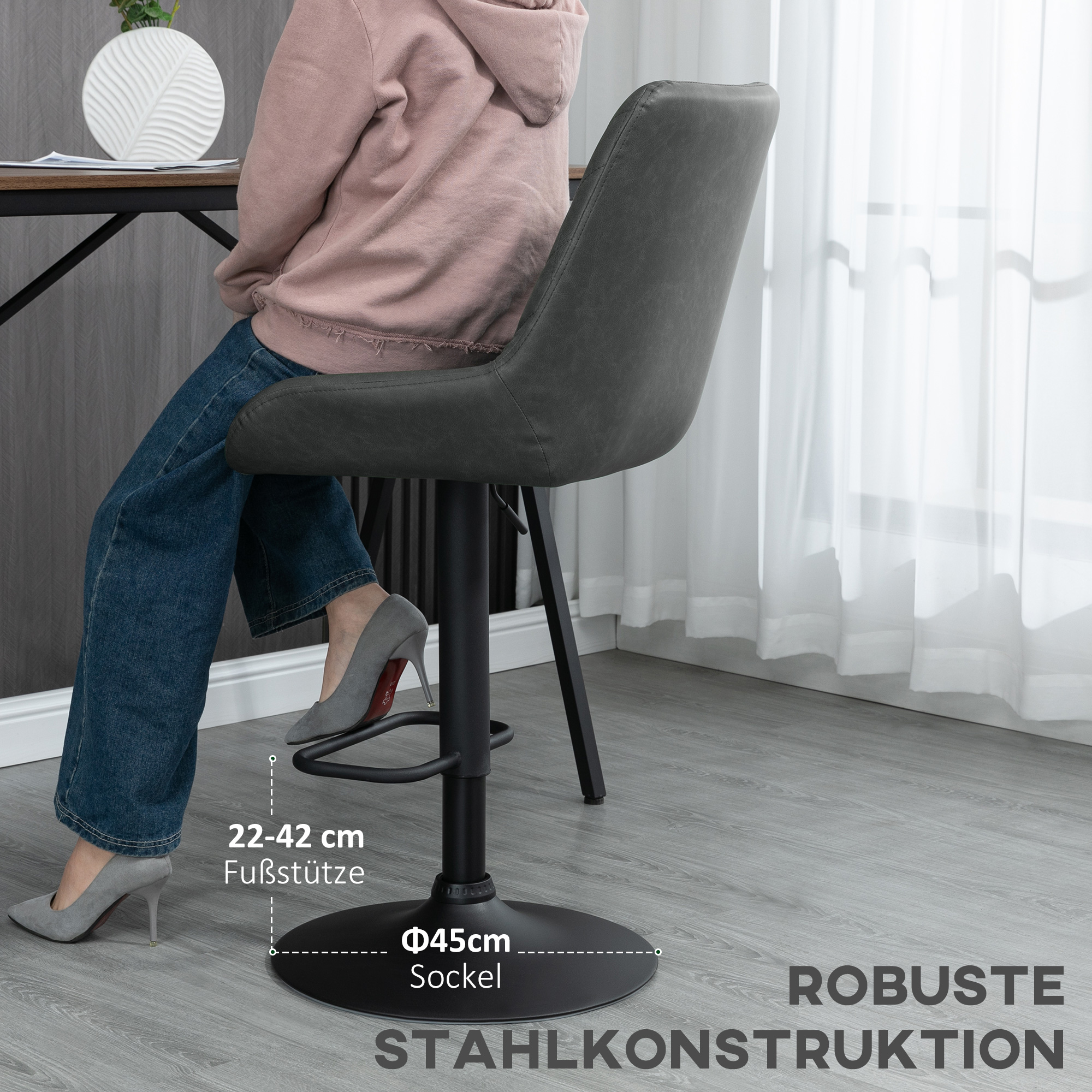 HOMCOM Verstelbare Barkruk Keukenkruk Designkruk, met voetensteun, 51 cm x 59 cm x 117 cm, Donkergrijs + Zwart