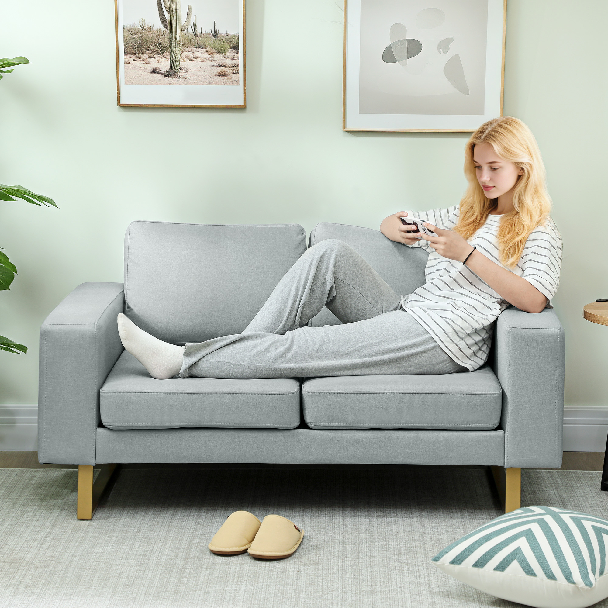 HOMCOM 2-Zitsbank, Sofa met Volhouten Frame, Metalen Poten, Eenvoudig Ontwerp, Lichtgrijs