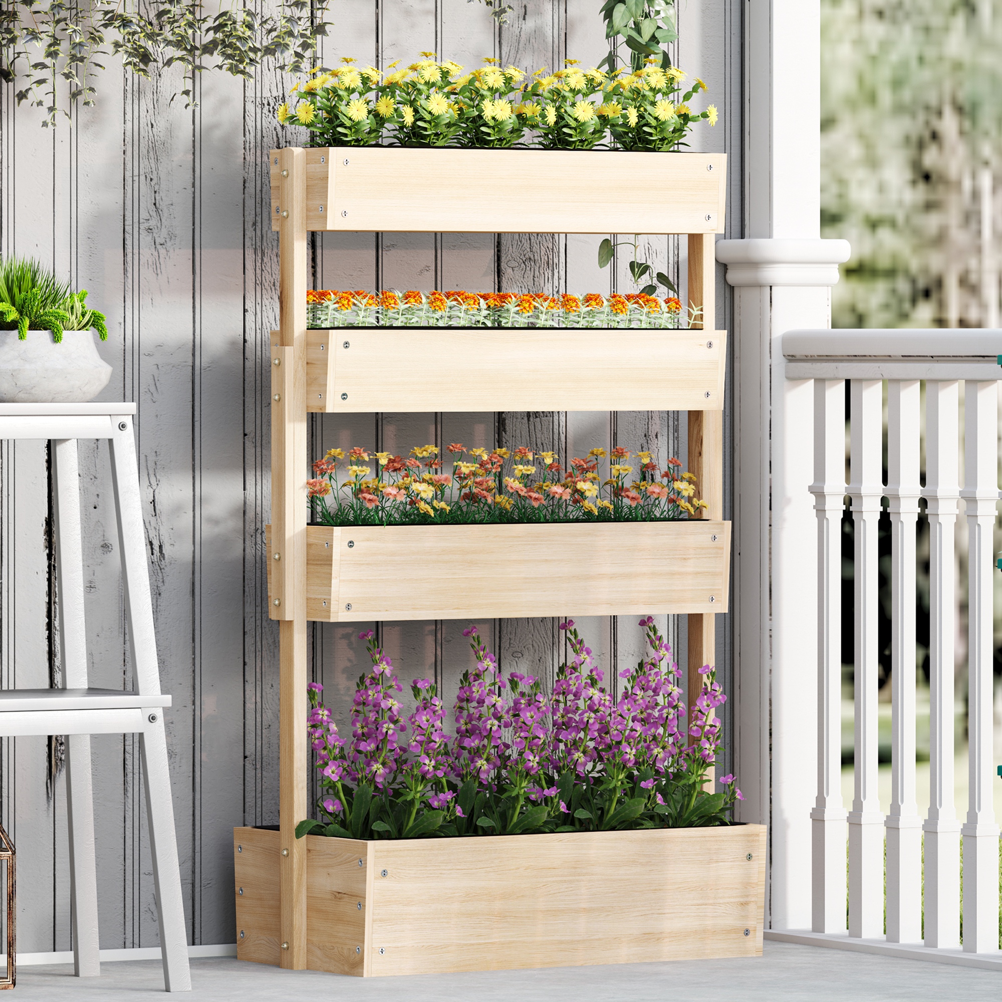 Outsunny Houten Verhoogd Bed, 4-laags Plantenbed met Drainagegaten, 88,5 x 45 x 140 cm Natuurhout