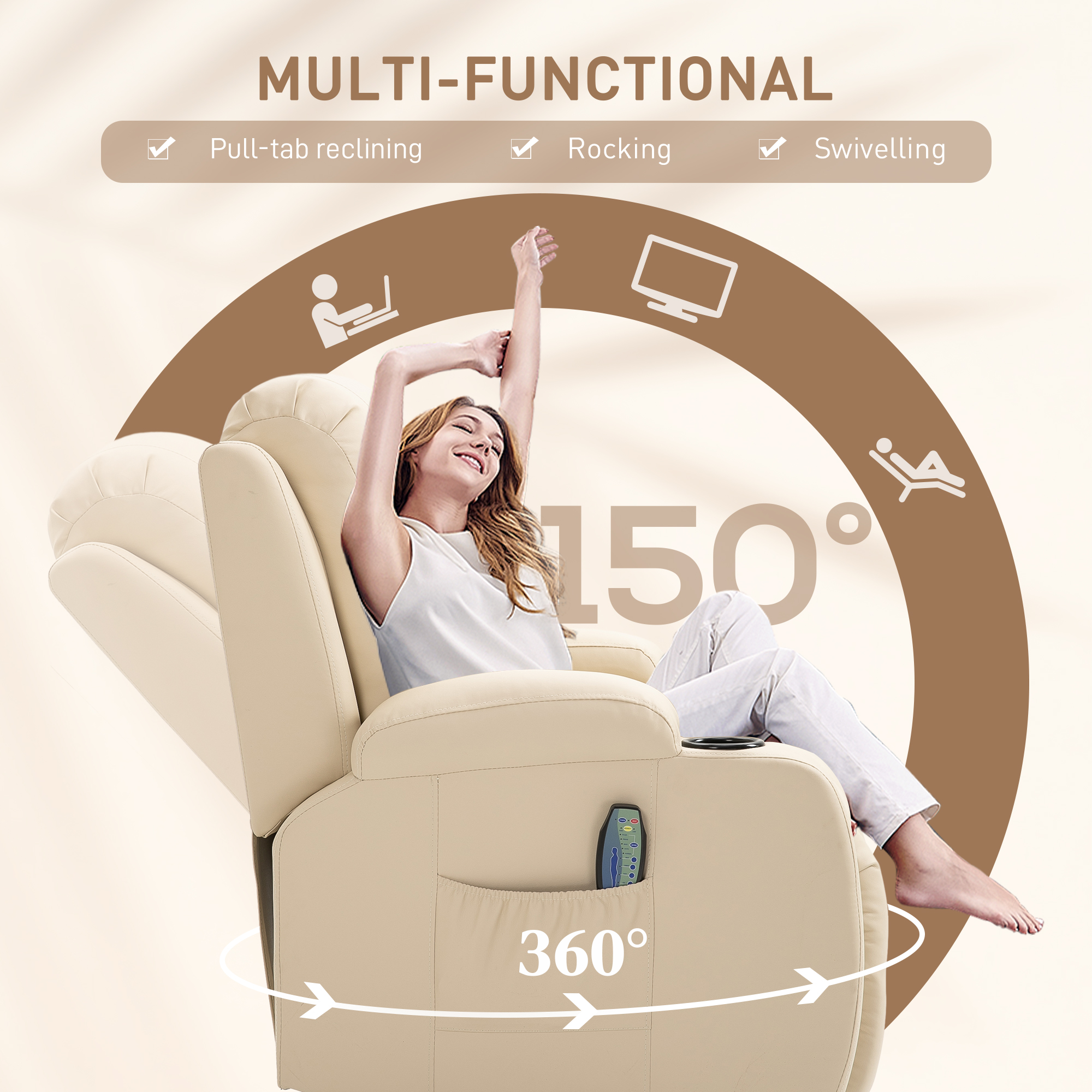 HOMCOM Massagestoel, relaxstoel, schommelfunctie, 8 vibratiepunten, inclusief afstandsbediening, zwart, crème