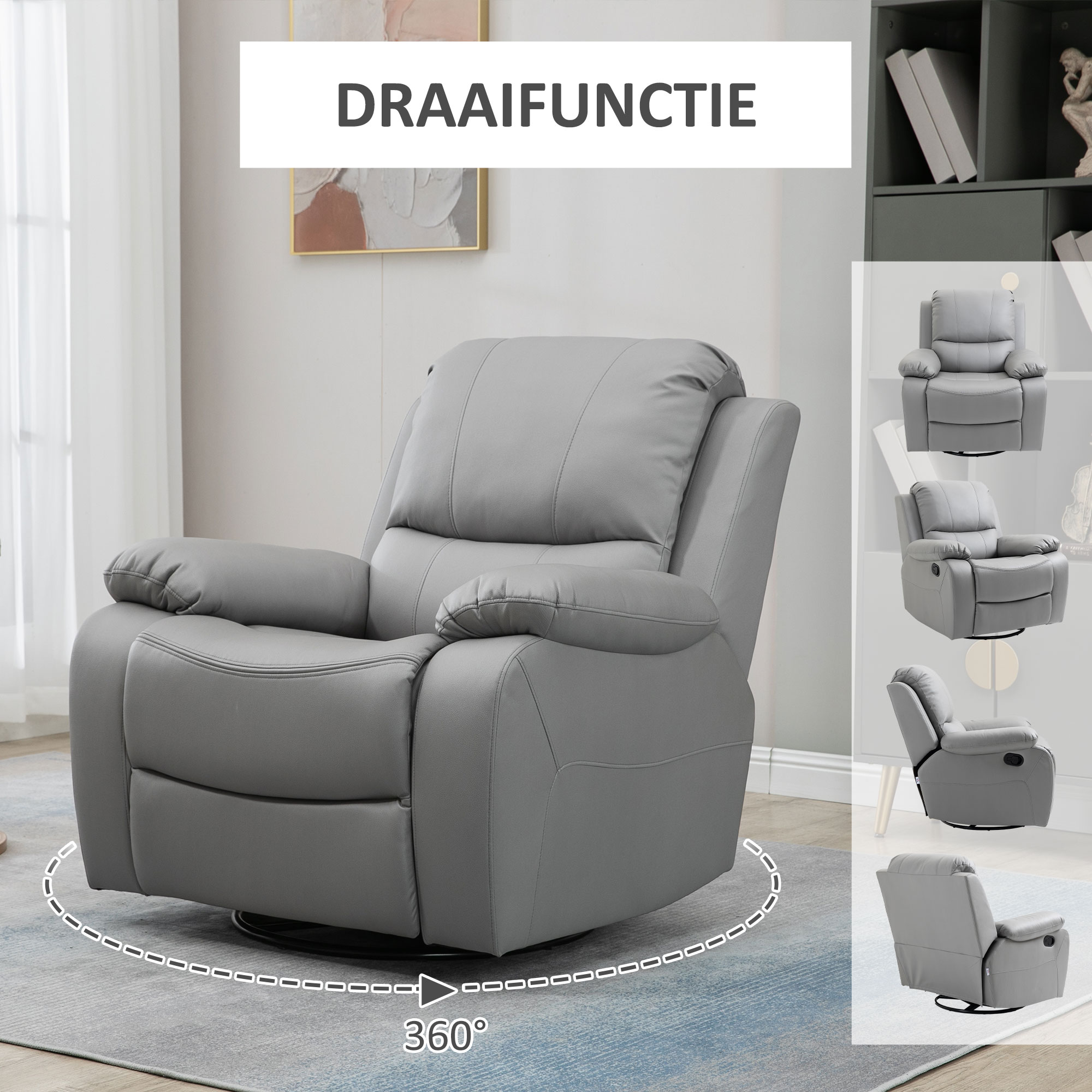 HOMCOM relaxfauteuil, verstelbare rugleuning, draaibaar, tuimelfunctie, met voetsteun, staal, grijs, 93 x 100 x 98 Hcm