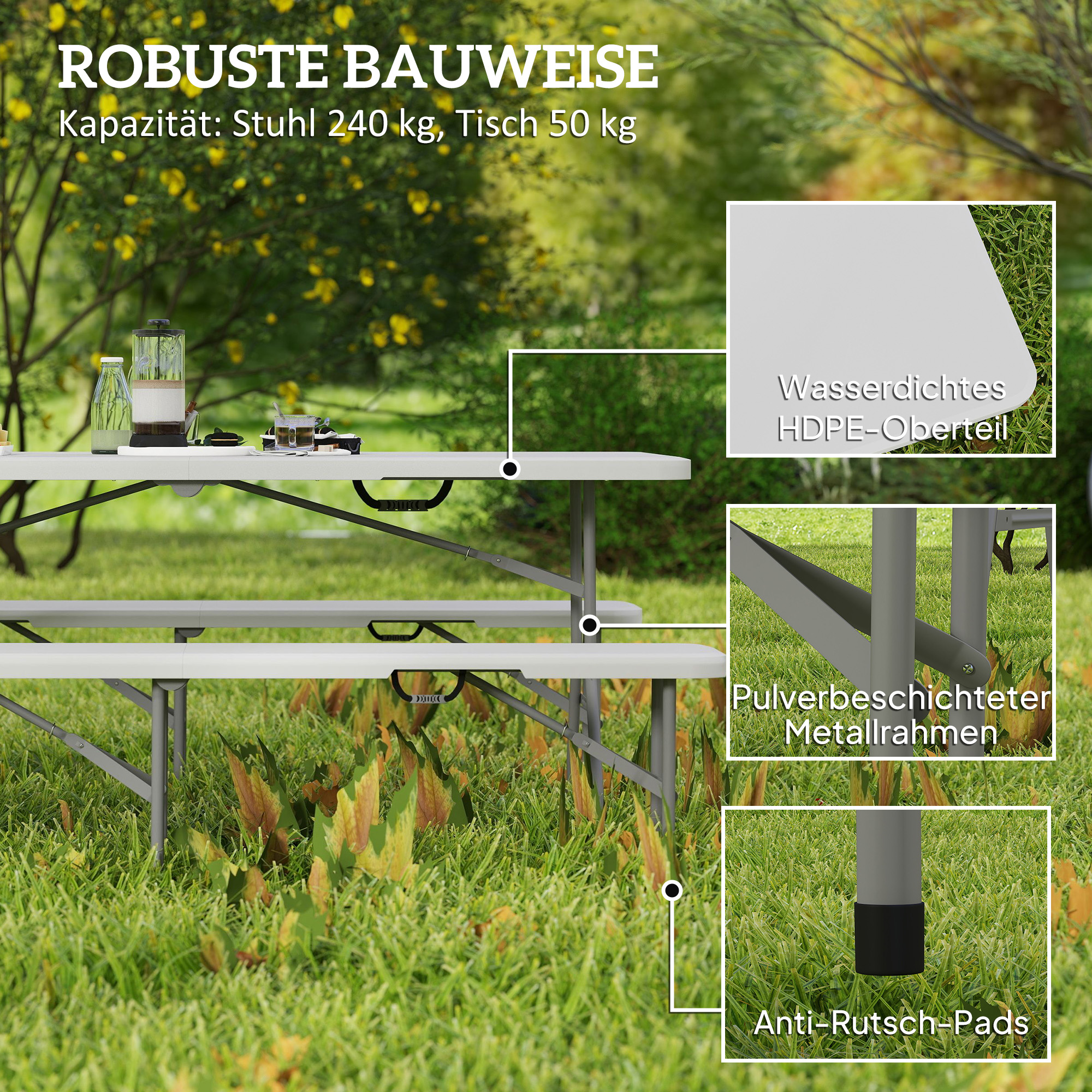 Outsunny 3-delig Picknicktafelset, 1 Tafel, 2 Banken, Opvouwbare Campingtafel met Draaghandvatten, Kunststof, Metaal, Wit