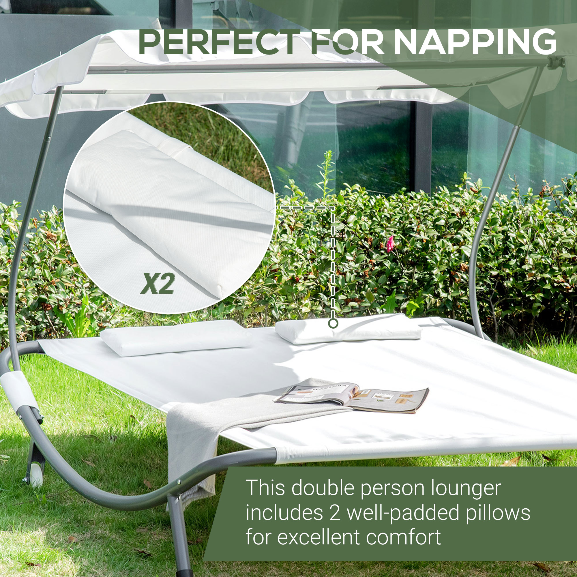 Outsunny Doppelliege Sonnenliege Relaxliege mit Sonnendach rollbar Stahl Cremeweiß/Grau