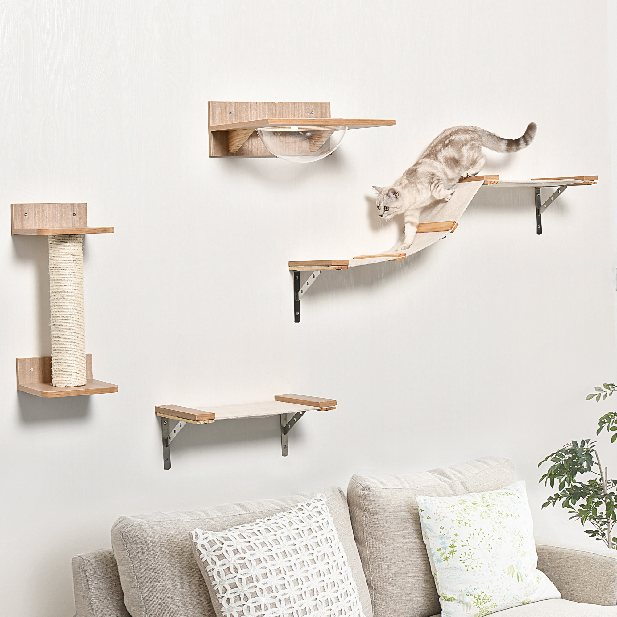 PawHut 4st. Klimmuur voor katten Kattenklimwand met krabpaal Kattentrap Kattenmeubel Hangmat Lichtbruin sisal acryl grenen