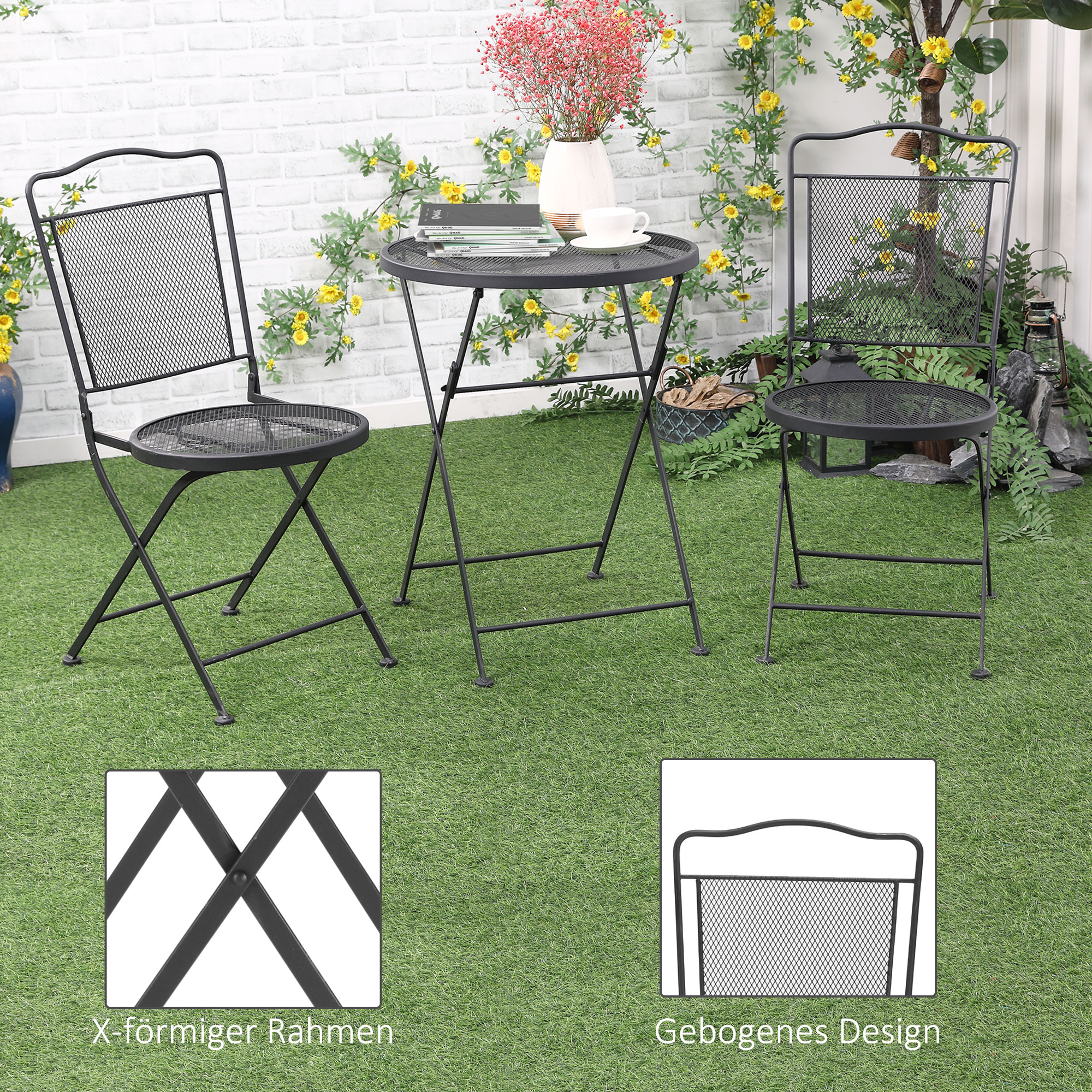 Outsunny zitgroep, 3-delige eetset, bistroset, tuinmeubelset, balkonmeubelset, 1 tafel + 2 stoelen met parasolgat, terras, metaal, zwart