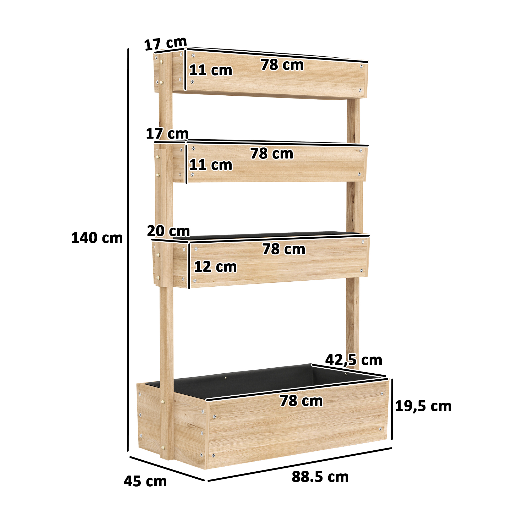 Outsunny Houten Verhoogd Bed, 4-laags Plantenbed met Drainagegaten, 88,5 x 45 x 140 cm Natuurhout