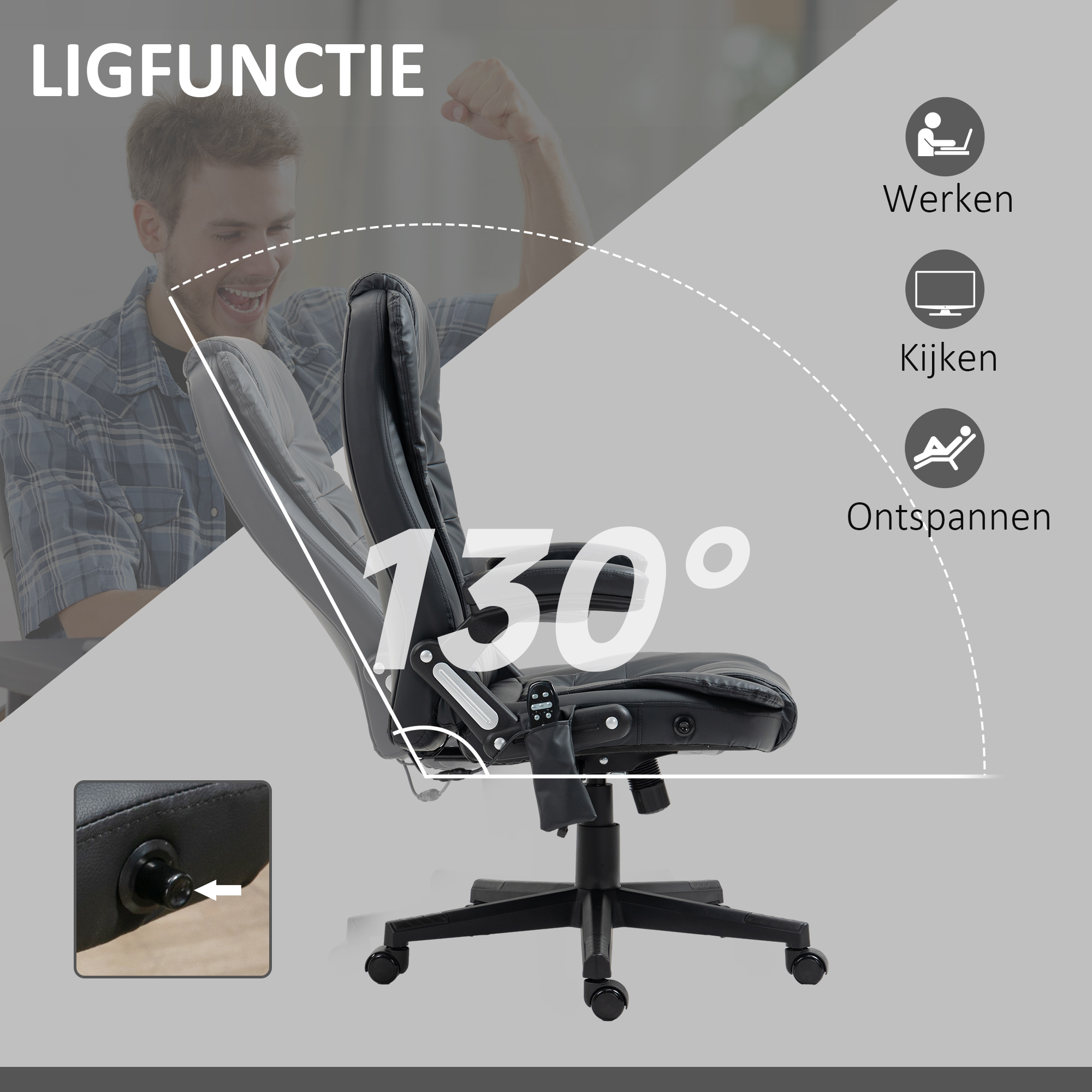 HOMCOM® directiestoel met massagefunctie bureaustoel kantoorstoel gaming stoel massagestoel met warmtefunctie vibratie op 6 punten draaibaar zwart