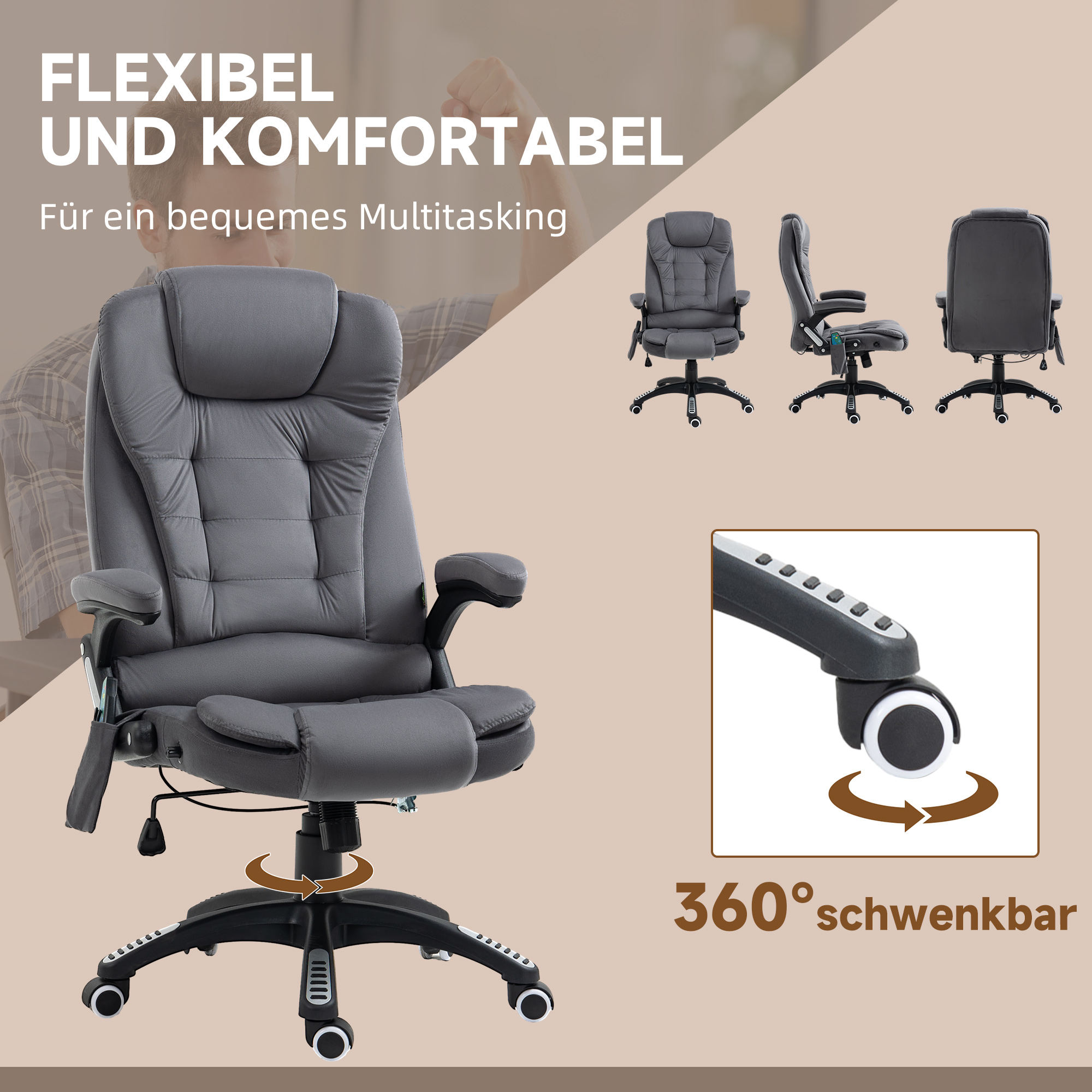 Vinsetto Bureaustoel met Massage- & Verwarmingselement, ergonomisch, in hoogte verstelbaar, Donkergrijs