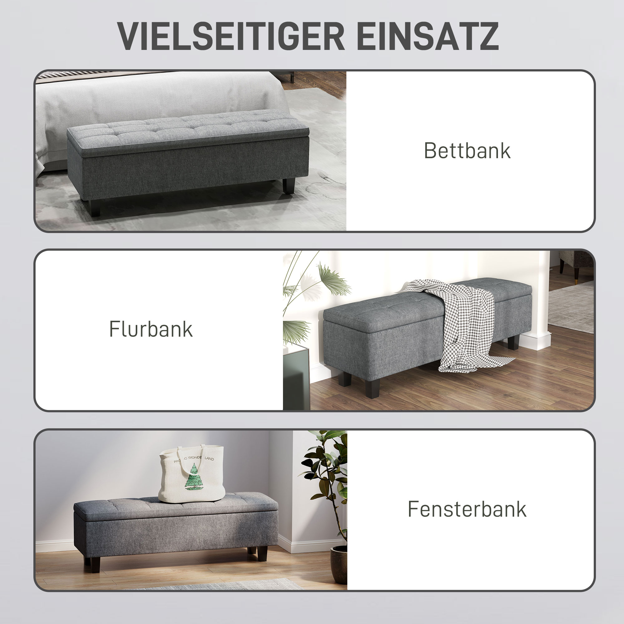 HOMCOM Opbergbank in Linnenlook met Rubberhouten Poten, voor Woonkamer, Slaapkamer, Gang, Donkergrijs