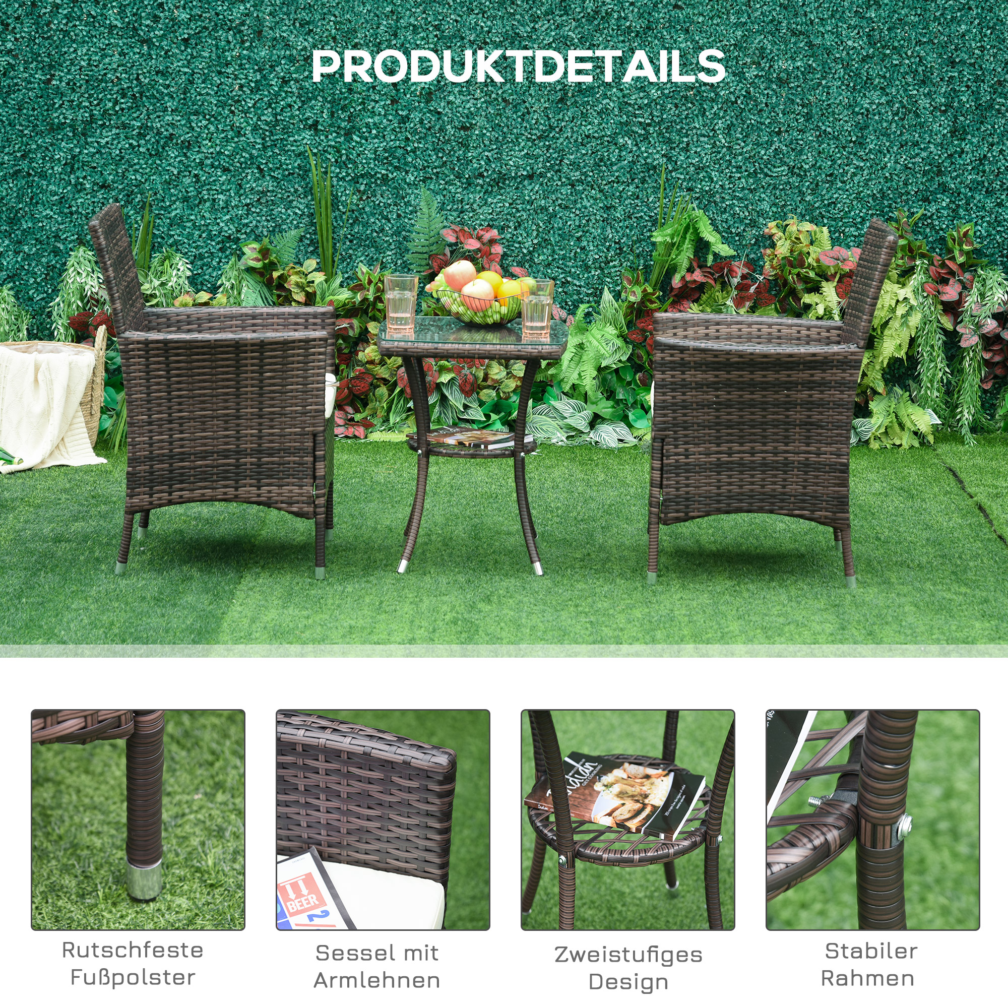 Outsunny 3-delige zitgroep voor in de tuin, rotan tuinset, poly-rotan, bruin
