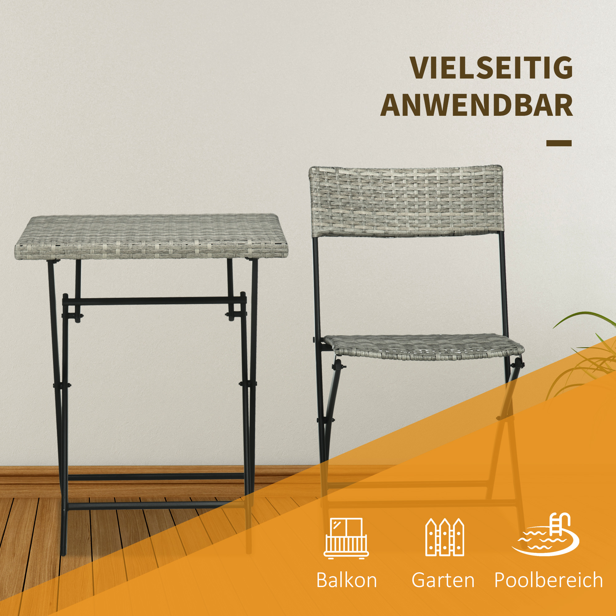 Outsunny Driedelige tuinmeubelset, 2 klapstoelen, 1 klaptafel, rotanlook, metalen frame, lichtgrijs