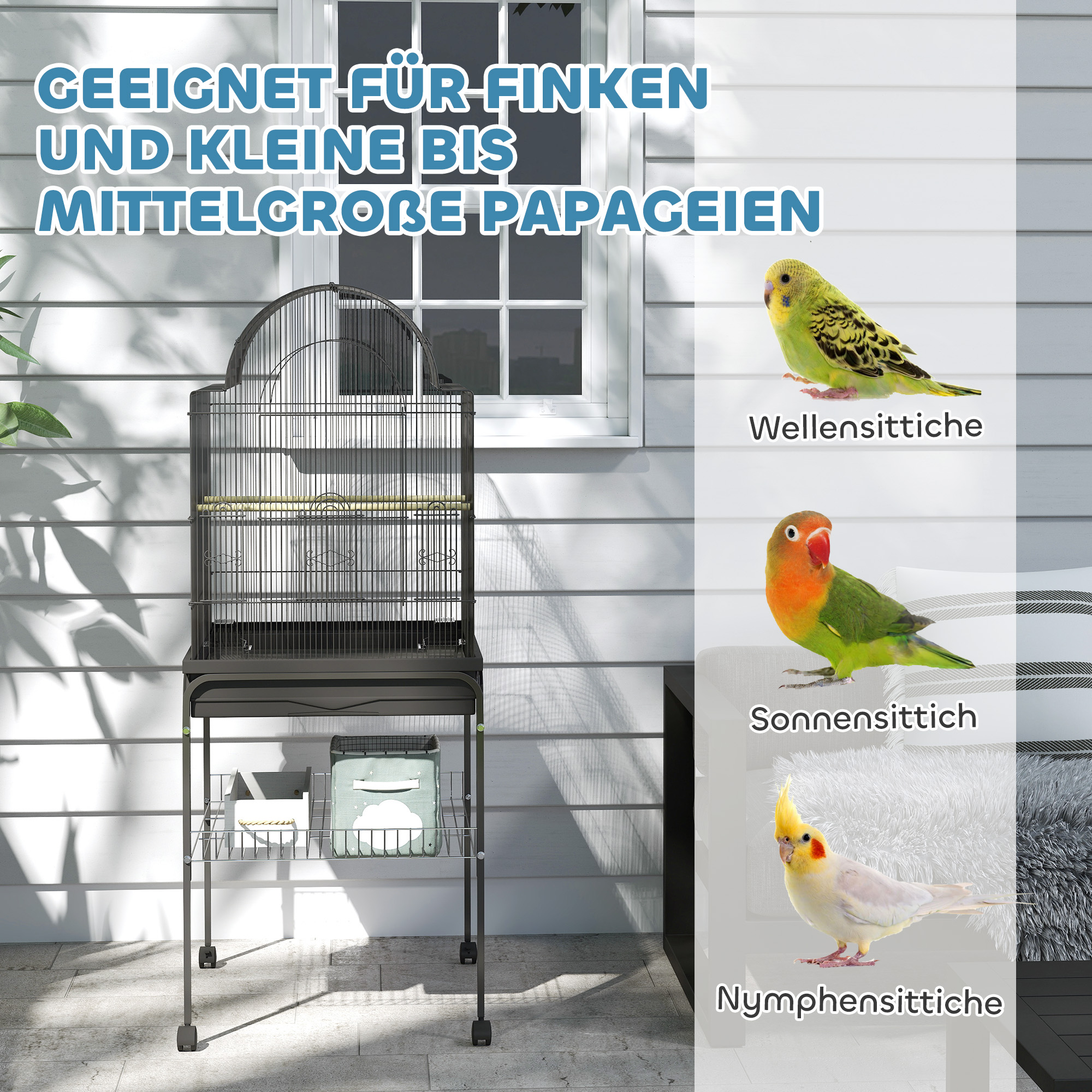PawHut Mobiele Vogelkooi voor Kanaries & Parkieten, met Onderste Opbergruimte, Metalen Gaas, Zwart