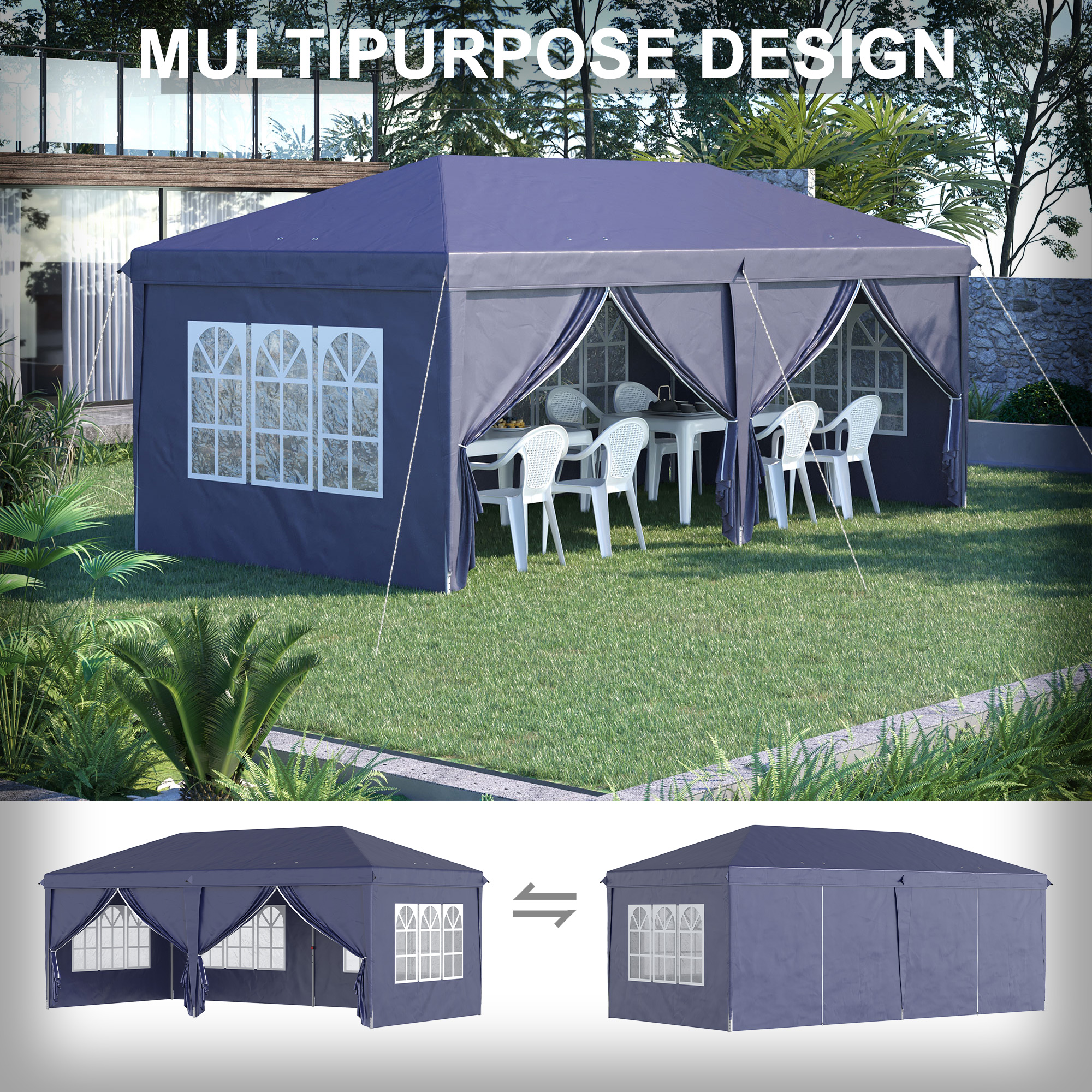 Outsunny Vouwtent van 6 x 3 m, verwijderbare zijwanden, grote ramen, deuren met ritssluiting, stalen frame, blauw