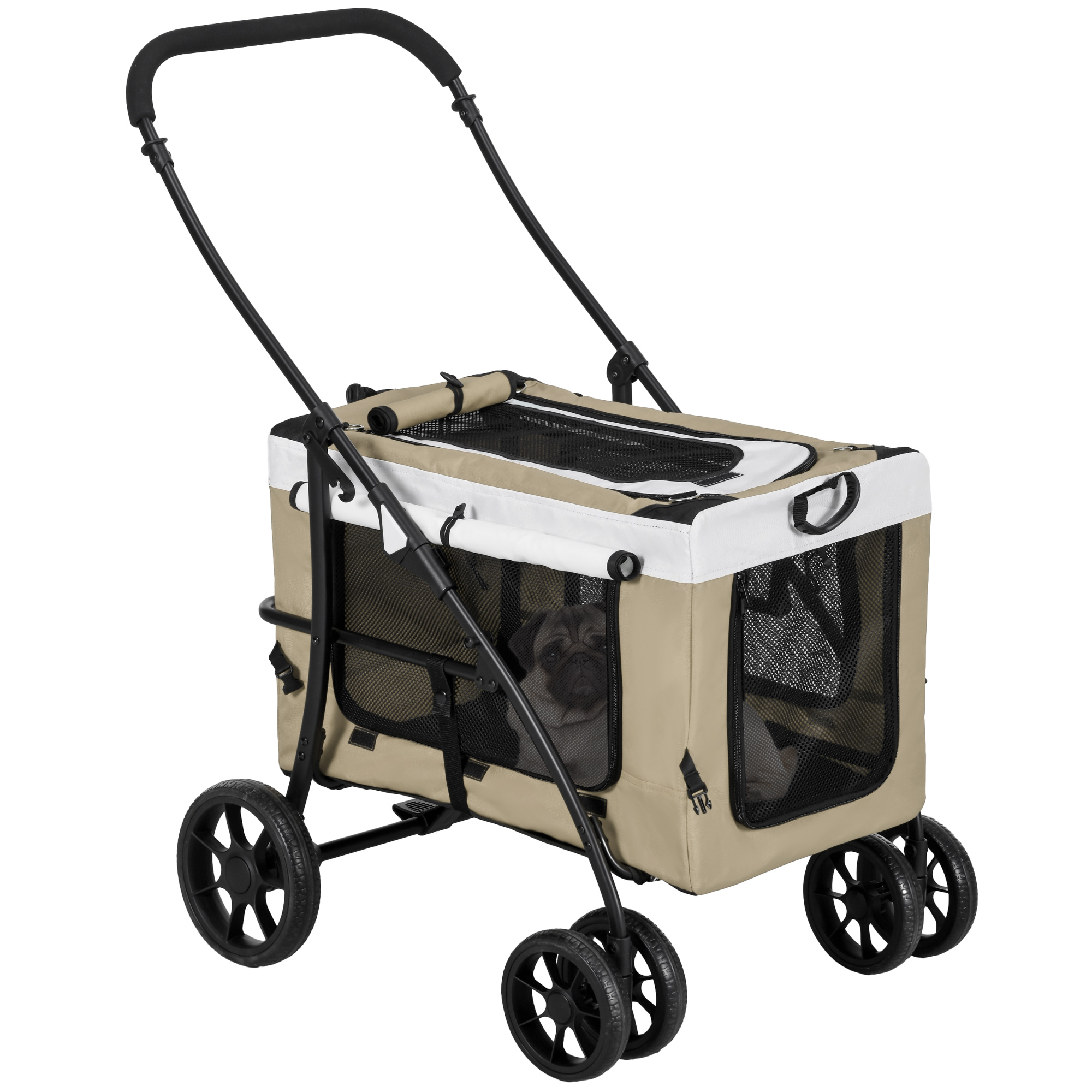 PawHut Hondenbuggy Huisdierbuggy Opvouwbaar met Afneembaar Compartiment, 81 x 58 x 97,5 cm, Zwart+Khaki+Wit