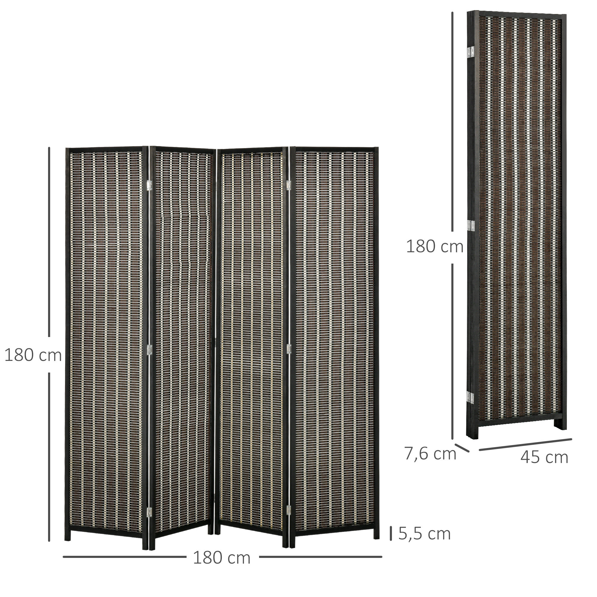 HOMCOM Kamerverdeler, Opvouwbaar, Grenenhout/Bamboe, 180 x 180 cm, Bruin/Zwart