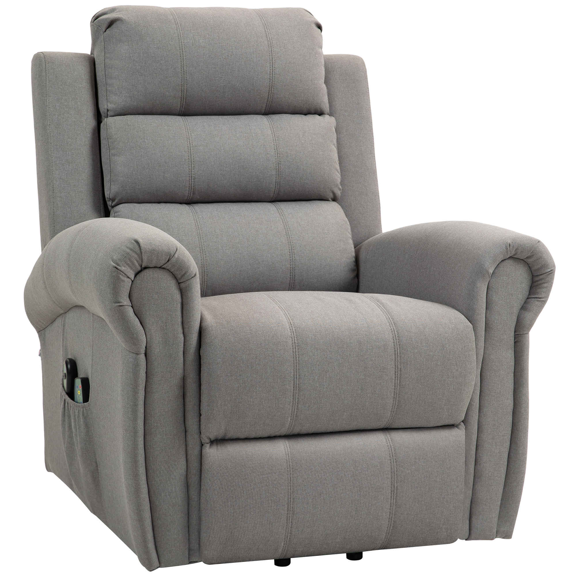 HOMCOM Relaxfauteuil met Opstahulp, 8 Massagepunten, Verwarmbare Rugleuning, Linnenlook, Grijs
