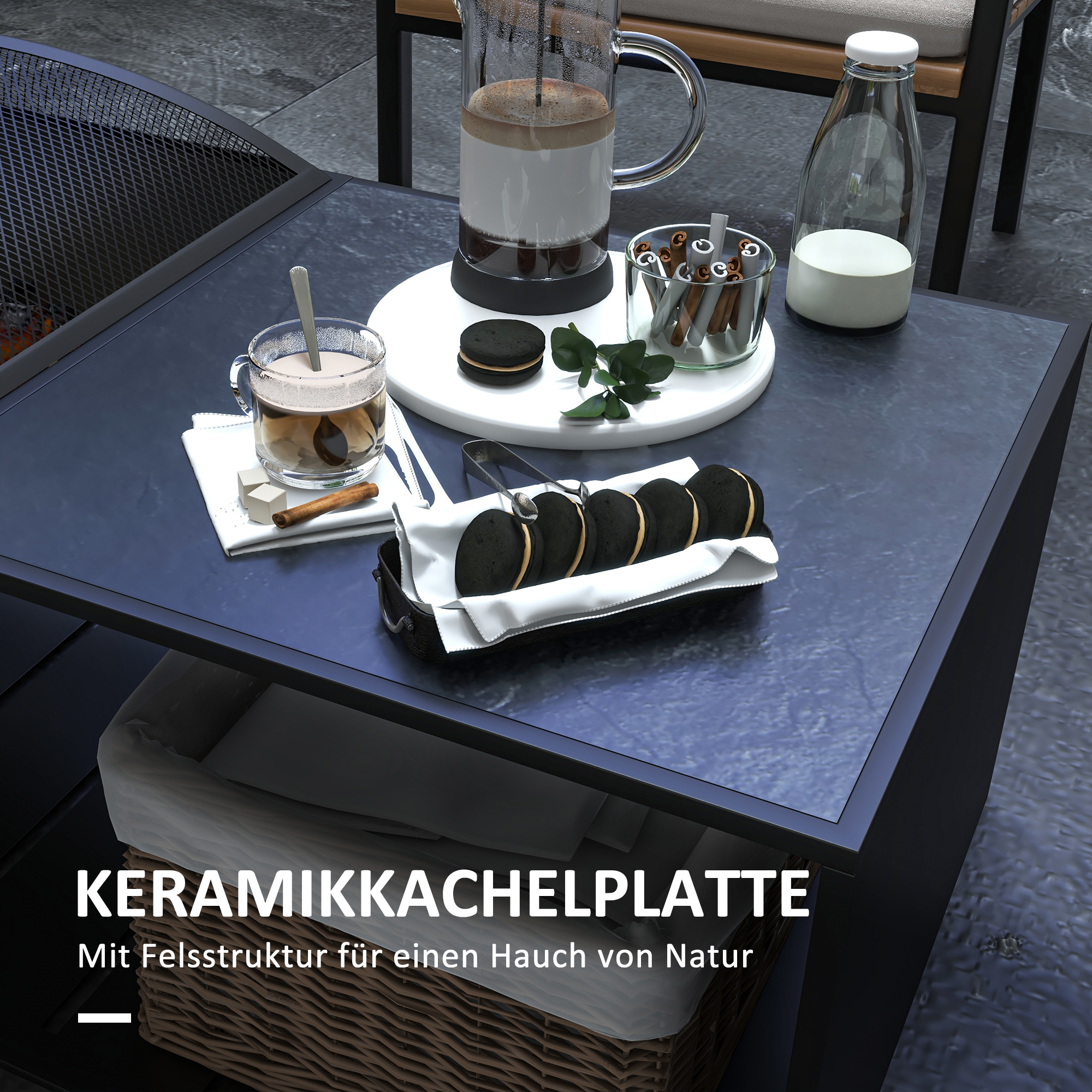 Outsunny 2-in-1 vuurschaal, tafelblad met keramische tegels, pook, roestvrij, 101 x 51 x 56 cm, zwart