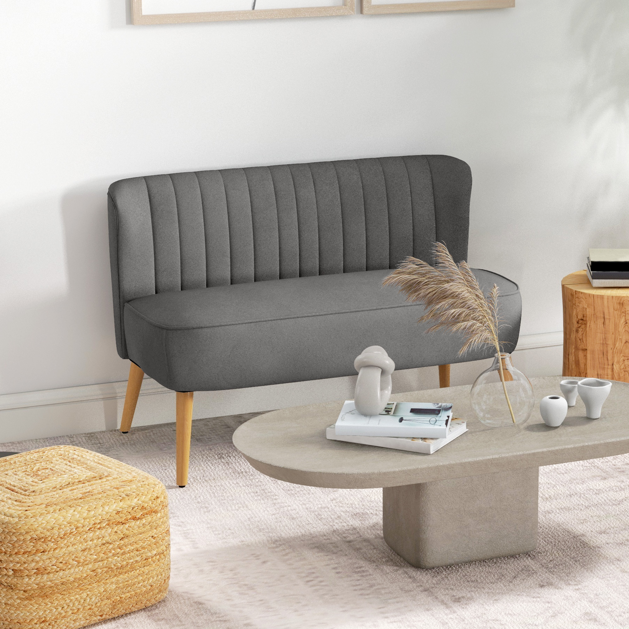 HOMCOM Sofa Retrodesign 2-zitsbank, houten poten, 117 cm x 56,5 cm x 77 cm, Donkergrijs