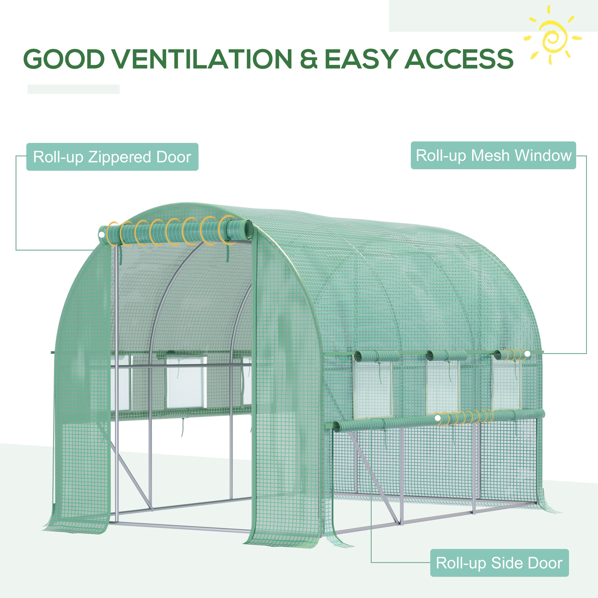 Outsunny foliekas 3 x 2 x 2 m tunnel inloopkas kas plantenhuisfolie tent 6 ramen UV-bescherming groen