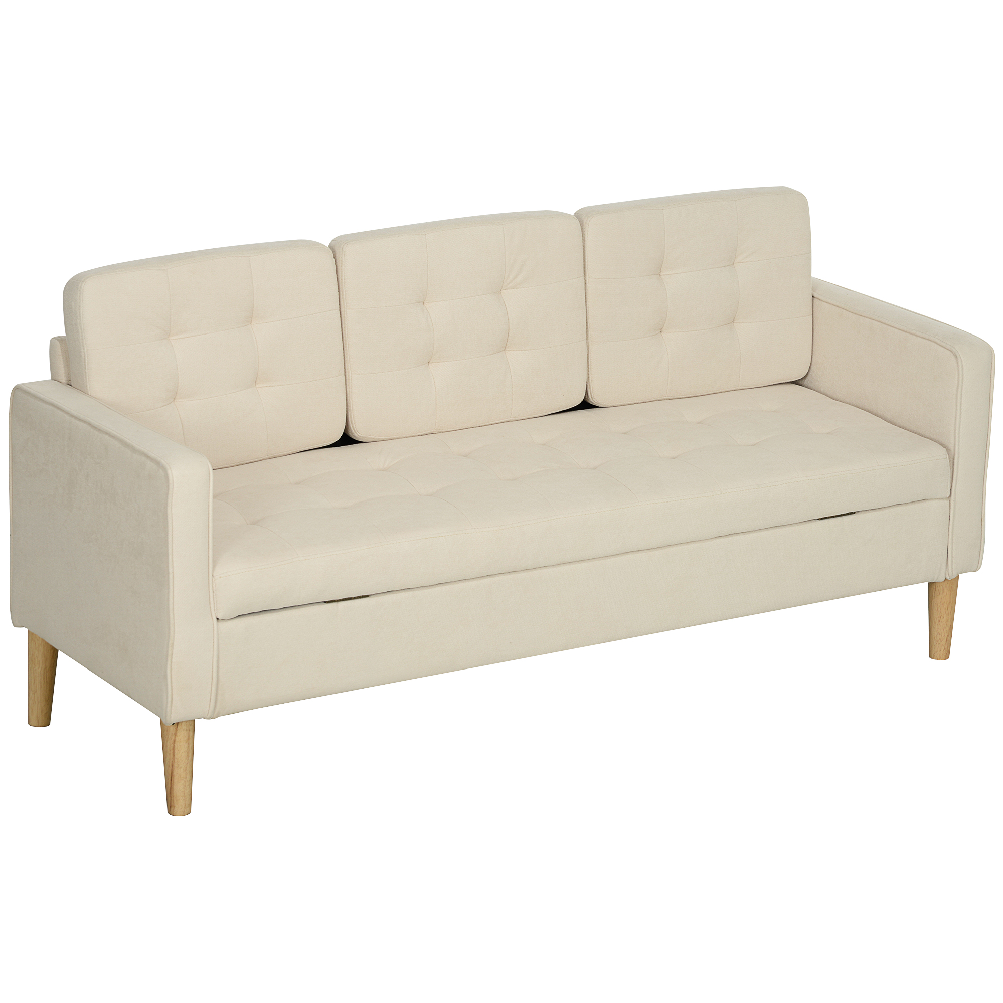 HOMCOM 3-Zits Sofa met Opbergruimte, Knoopstiksel, Gepolsterde Bank, 166,5 x 62 x 82 cm, Crèmewit