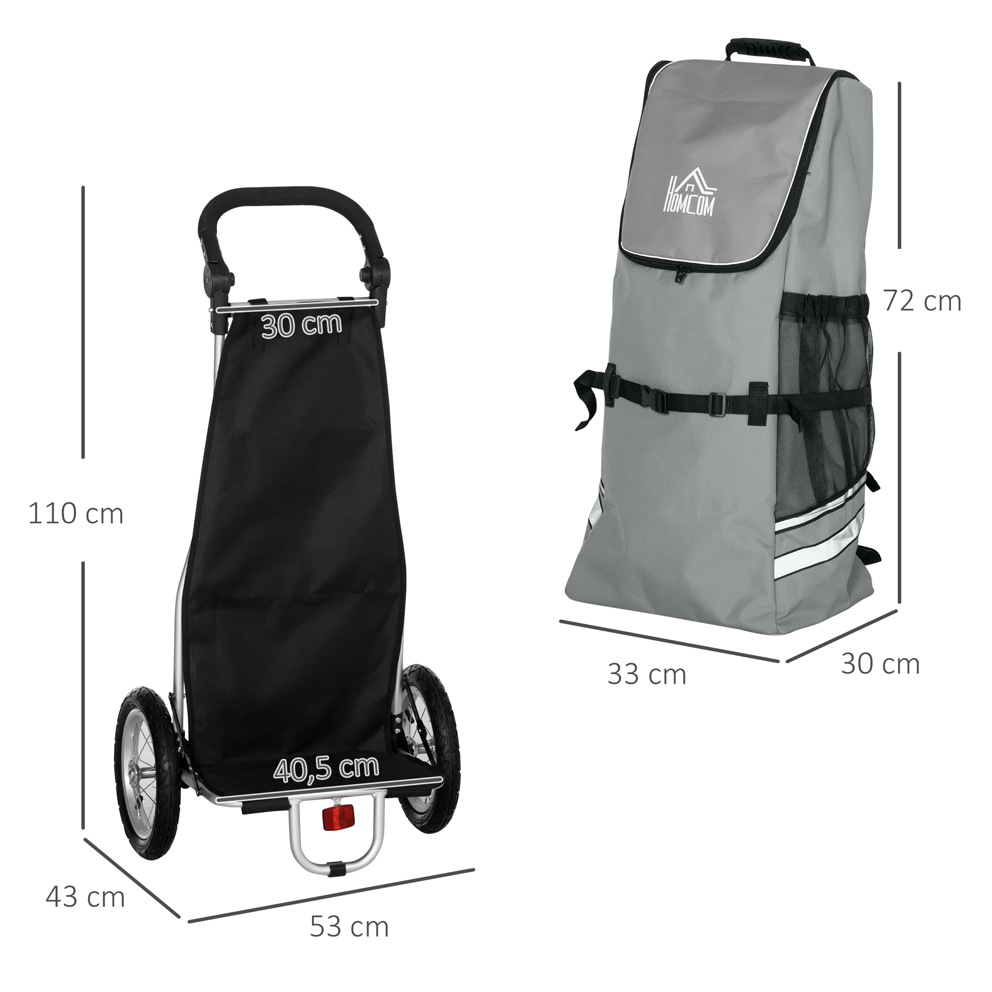 HOMCOM 3-in-1 Boodschappentrolley Winkelwagen Fietsaanhanger Steekwagen, 53 x 43 x 110cm, Grijs+Zilver