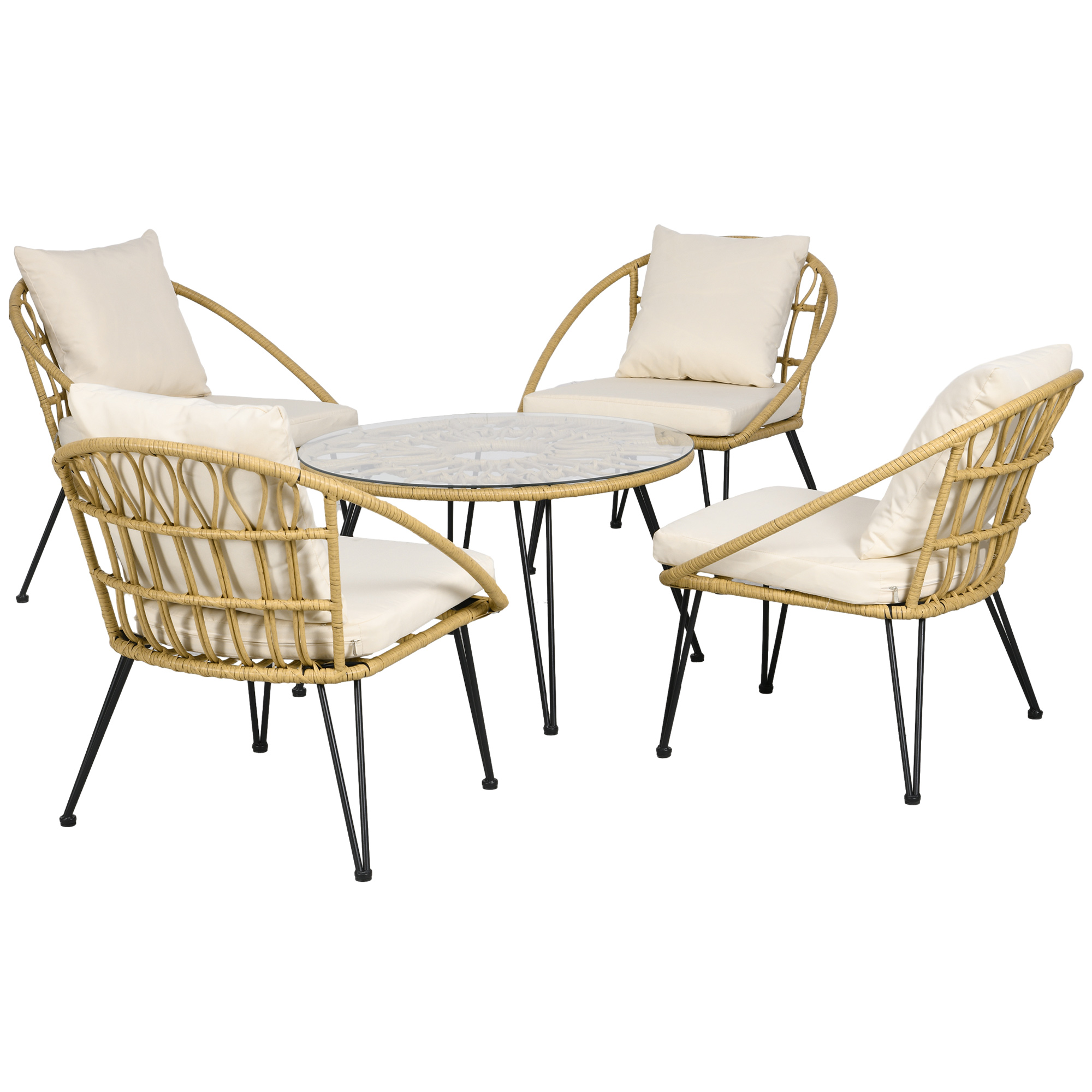 Outsunny Tuinmeubelset 5-delig Outdoors Tuinmeubelset, Boho-stijl, 82 cm x 82 cm x 50 cm, Beige + Natuur