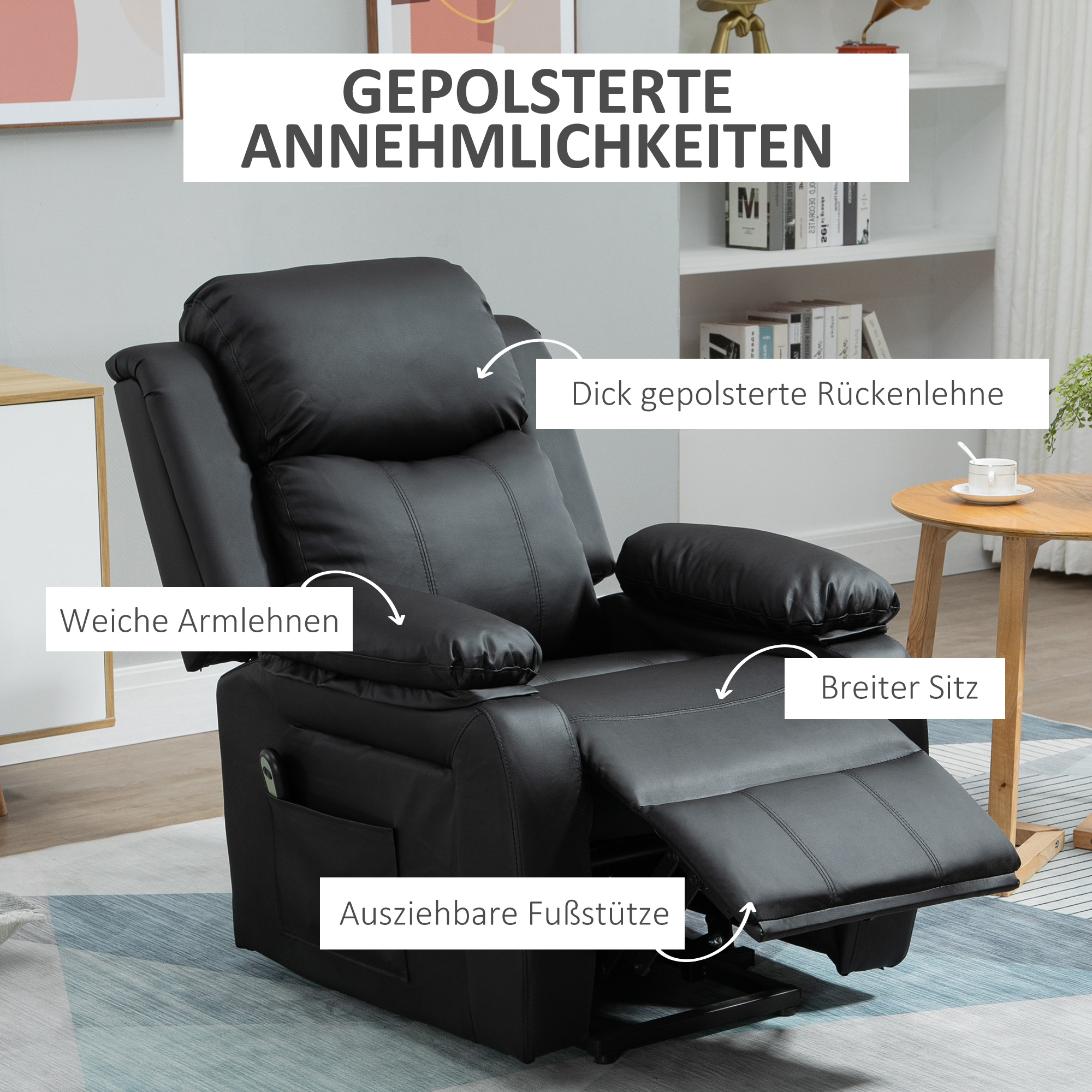 HOMCOM Relaxstoel met opsta-hulp, inclusief voetensteun en hoofdsteun, 1 afstandsbediening, zwart