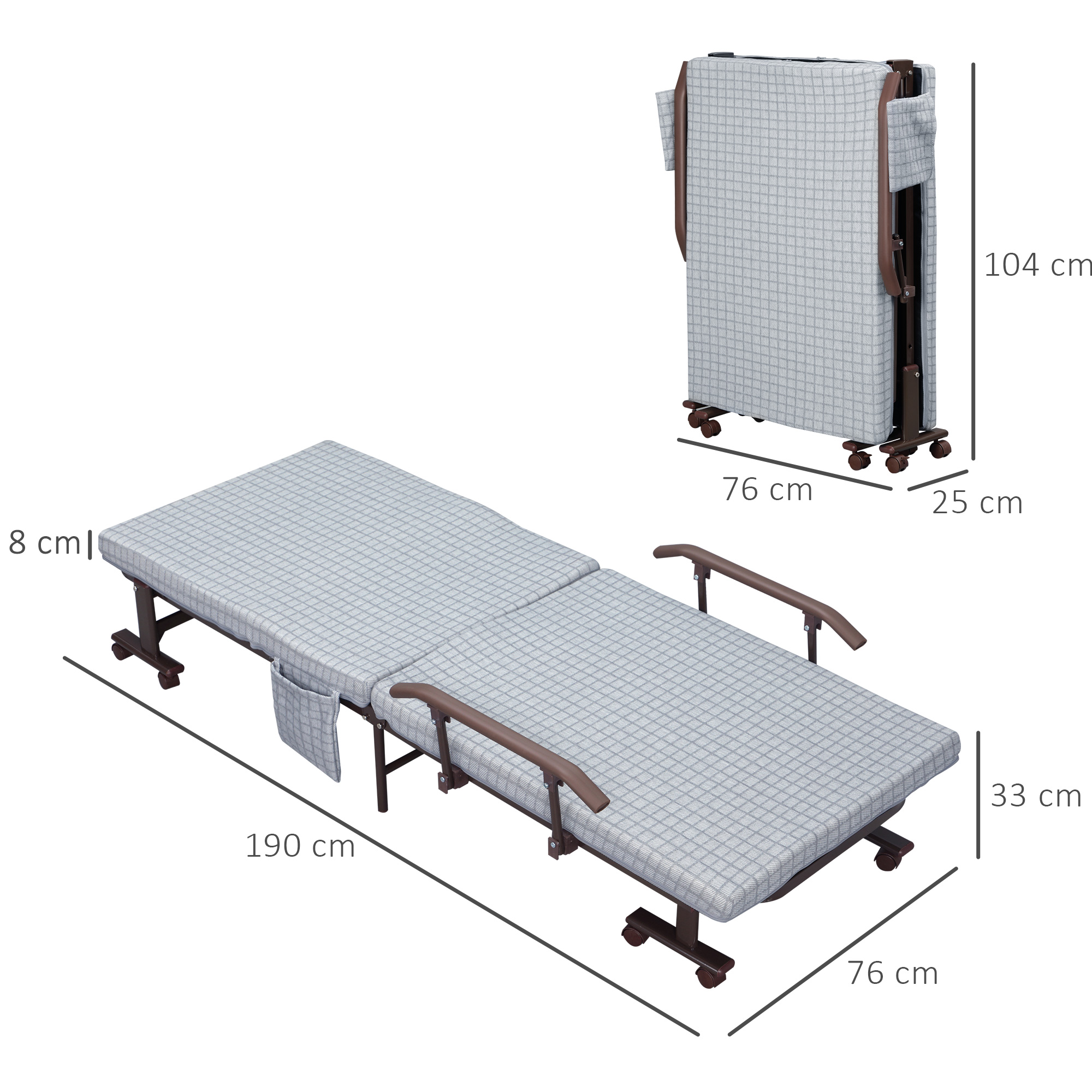 HOMCOM opklapbed, logeerbed met wielen, reisbed, in 5 standen verstelbaar, lichtgrijs