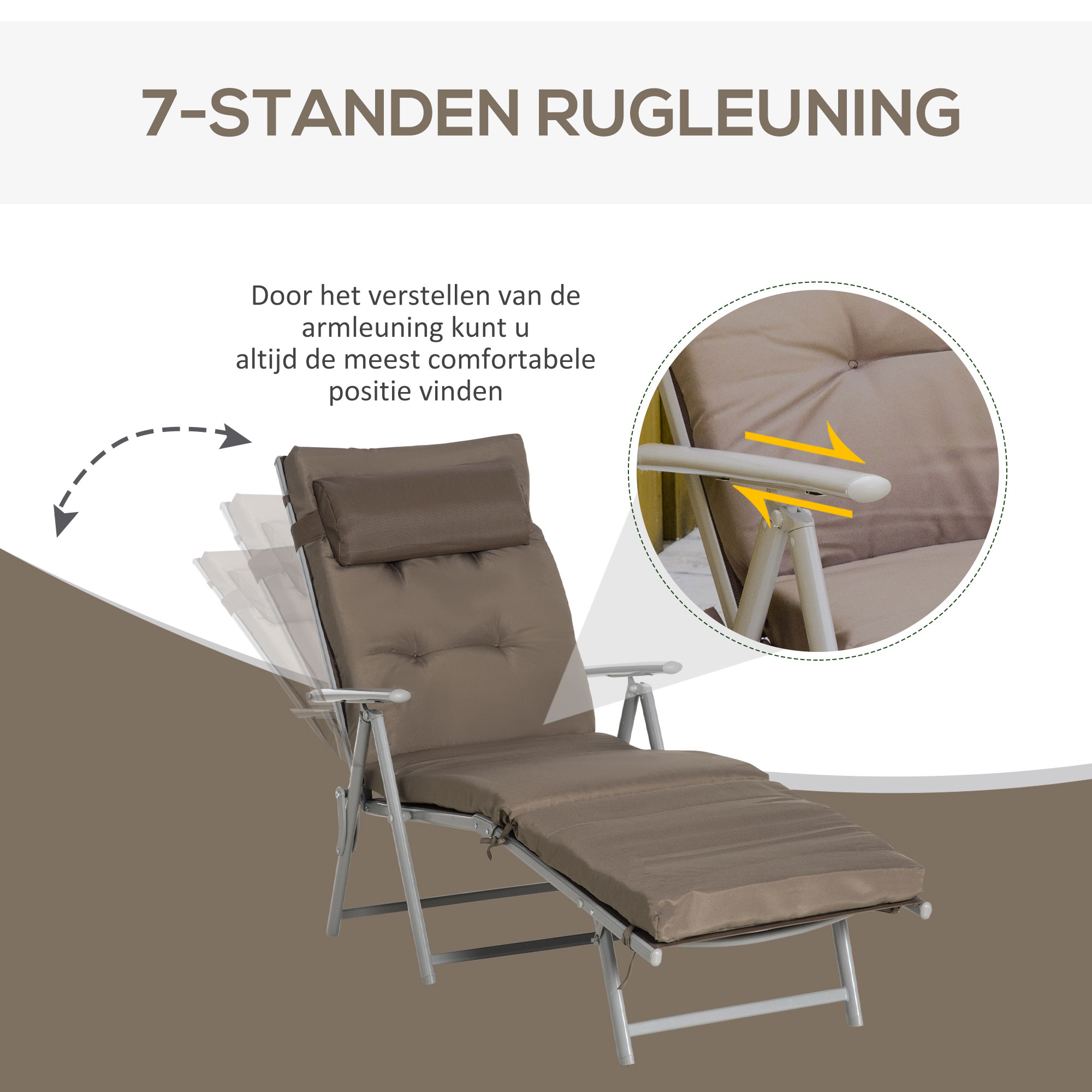 Outsunny Inklapbaar Ligbed Tuin Metalen Frame, Comfortabele Ligstoel Met Kussens, bruin