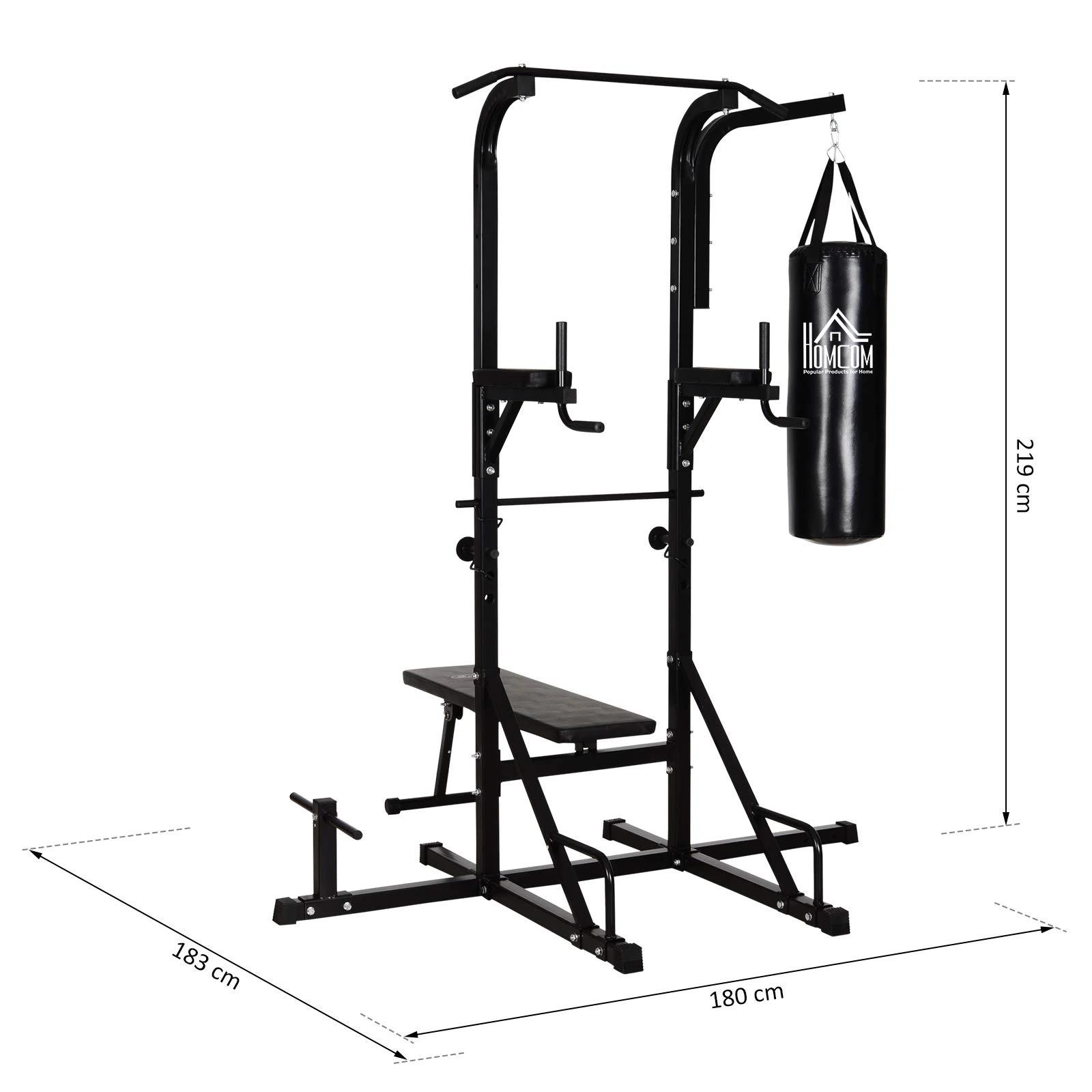 HOMCOM Krachtstation met optrekstang, multifunctioneel dipstation, trainingsapparaat voor thuis, met bokszak, fitness, staal, zwart, 180 x 183 x 219 cm dipstation multifunctionele bokszak opvouwbaar staal | Aosom.de