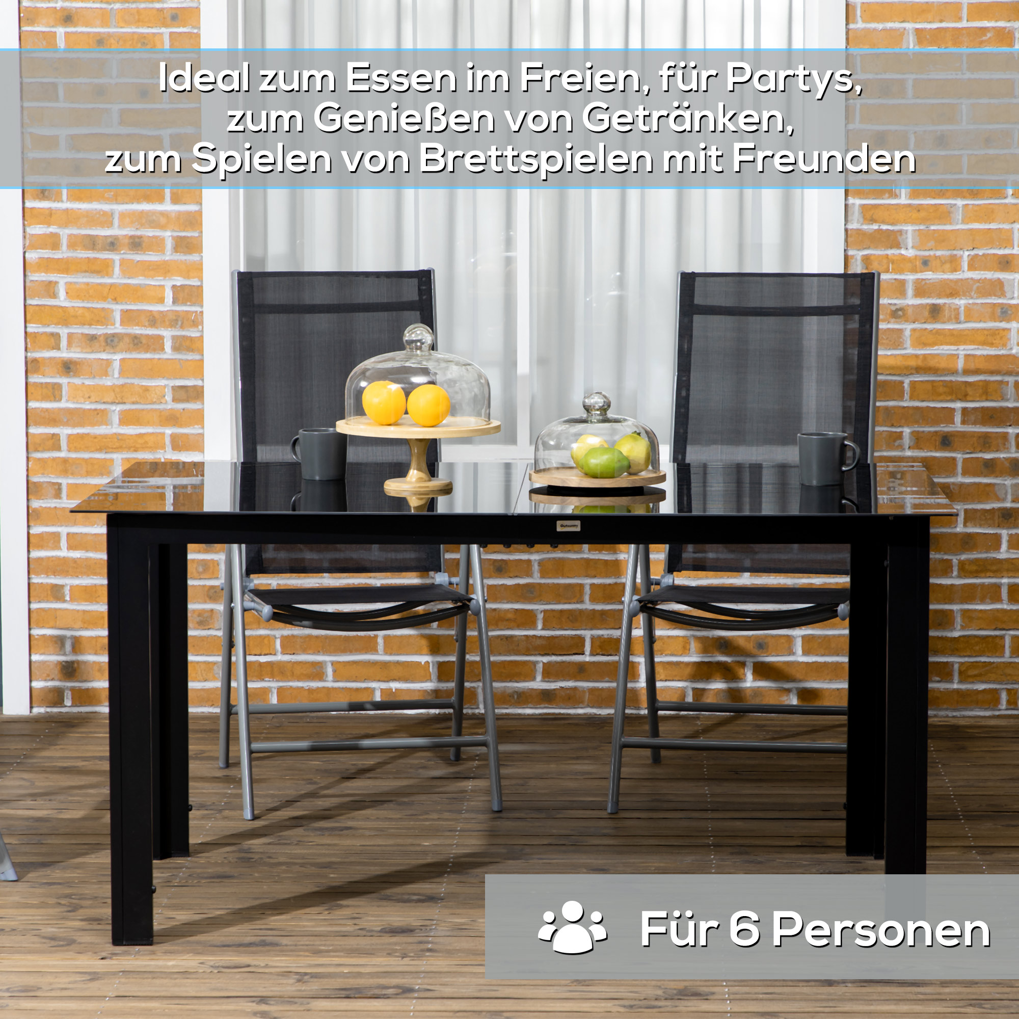 Tuintafel Outsunny voor 6 personen, weerbestendig, gehard glas, terrastafel, 150 cm x 90 cm x 74 cm, zwart