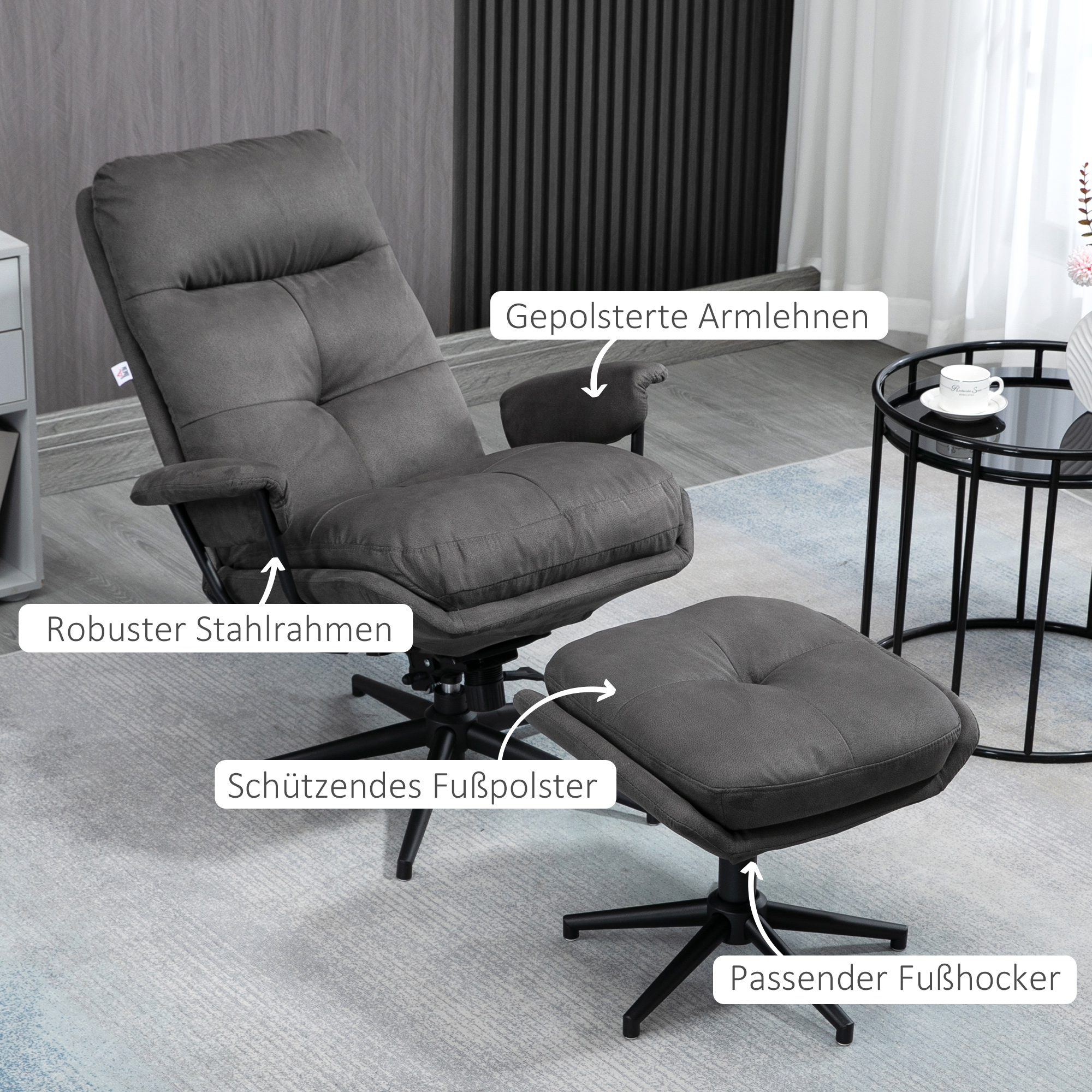 HOMCOM relaxfauteuil met kruk, draaivoet, tv-fauteuil met ligfunctie
