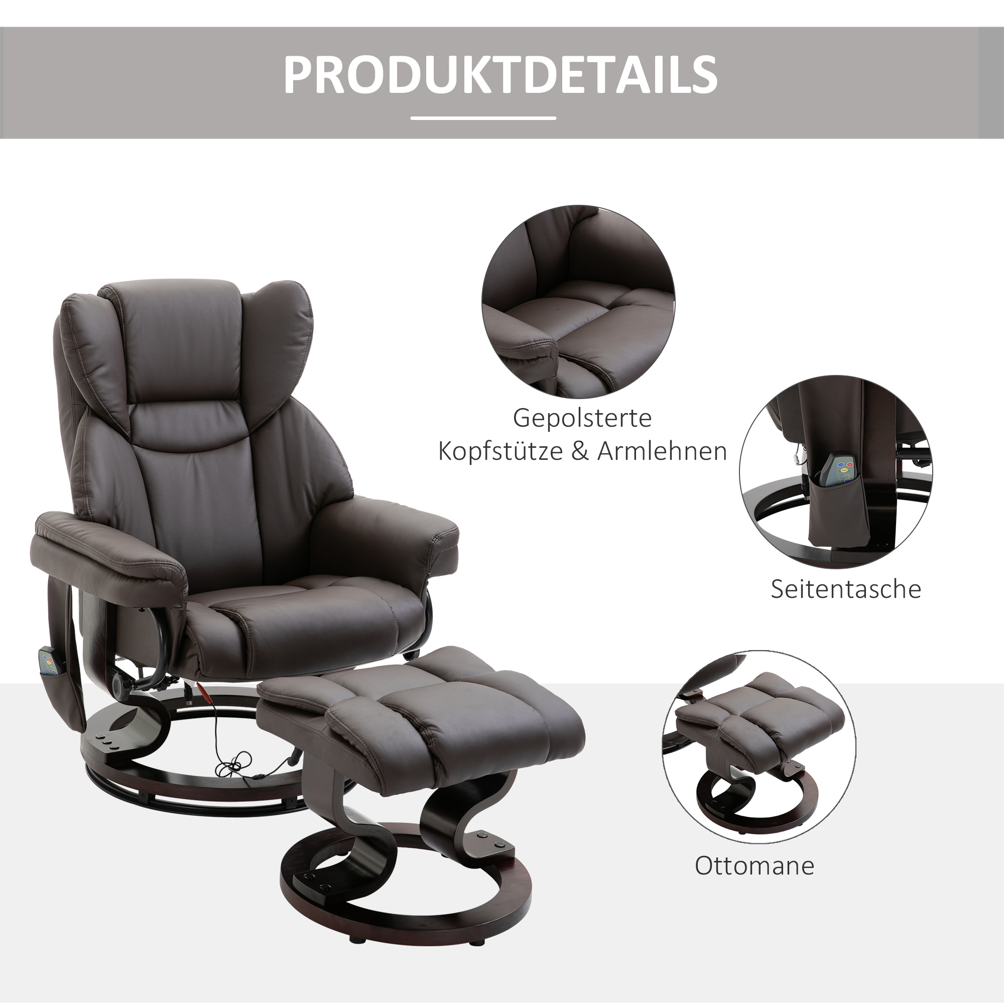 HOMCOM massagestoel met voetenbank relaxstoel kantelbaar tot 145° kunstleer bruin 79 x 82 x 101 cm