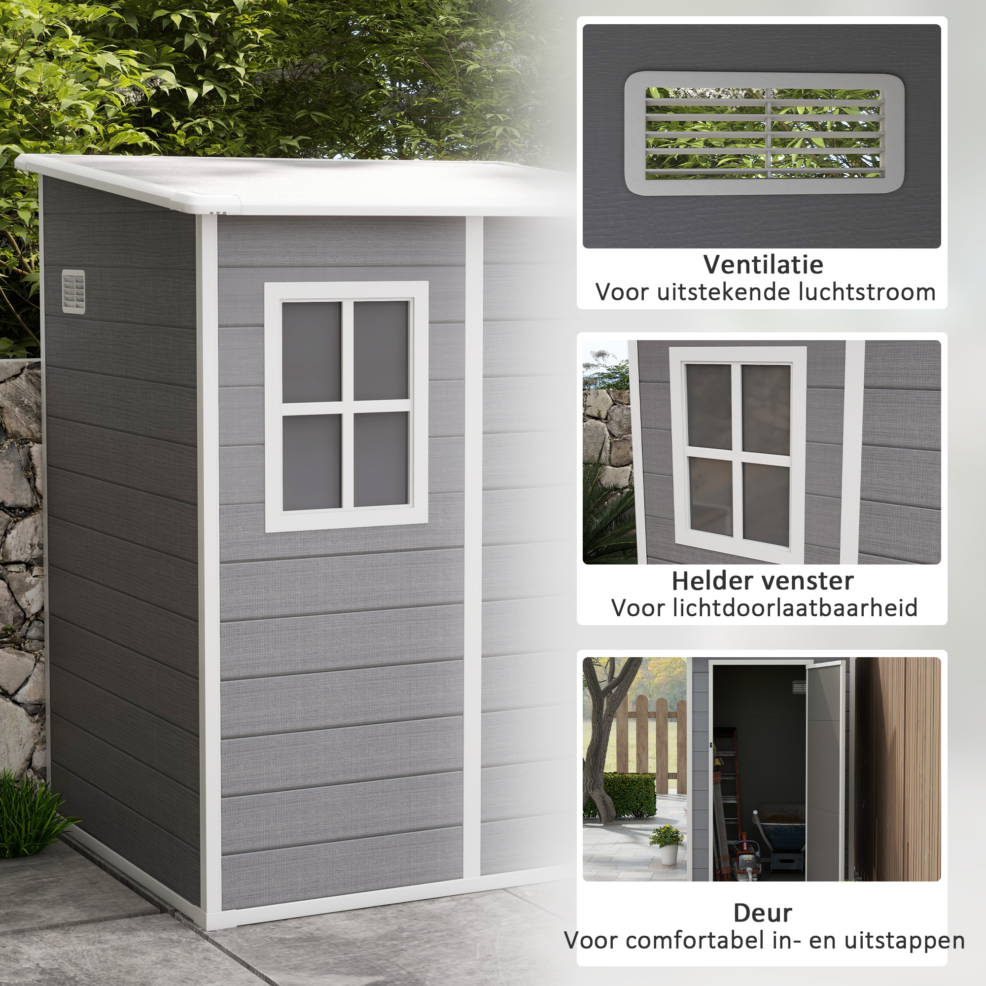 Outsunny Tuinschuur met Slot, Venster voor Daglicht & Ventilatie, Aluminium, 122 x 149 x 192/177 cm Grijs