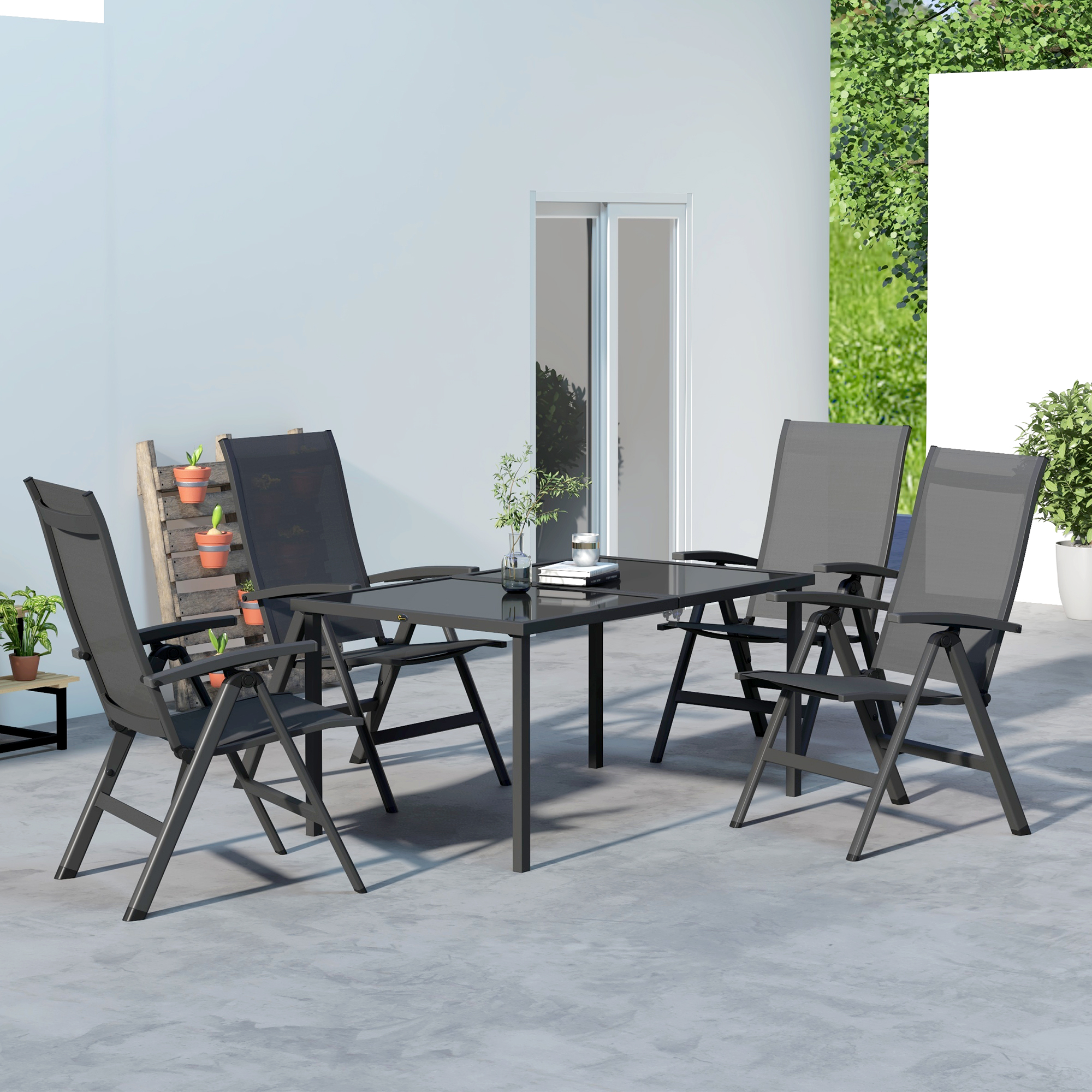 Outsunny Tuinset voor buiten, 4 inklapbare stoelen, tafel met glazen blad, verstelbare rugleuning, aluminium, donkergrijs