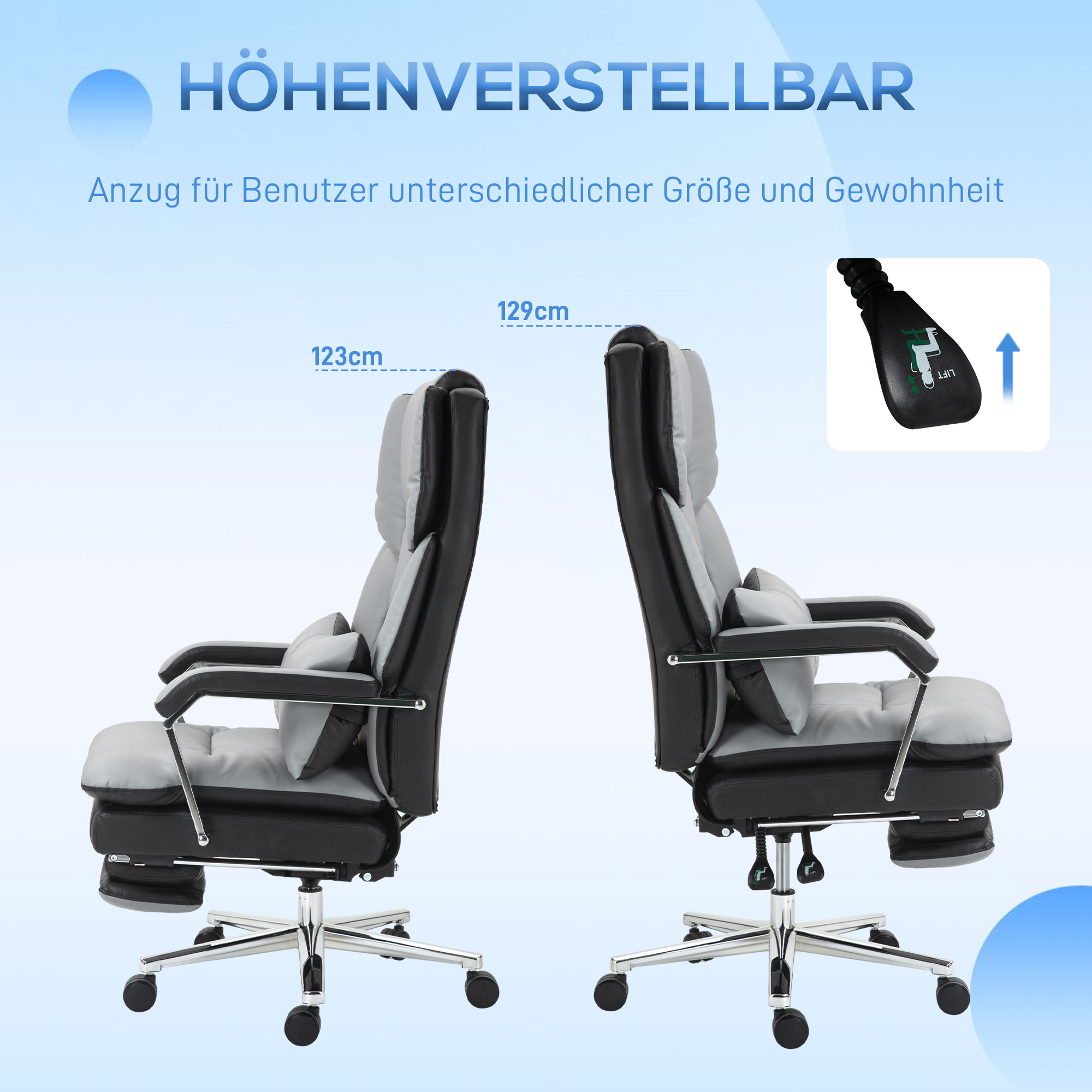HOMCOM Ergonomische Verstelbare Bureaustoel, 63x71x123-129cm, Lichtgrijs/Zwart