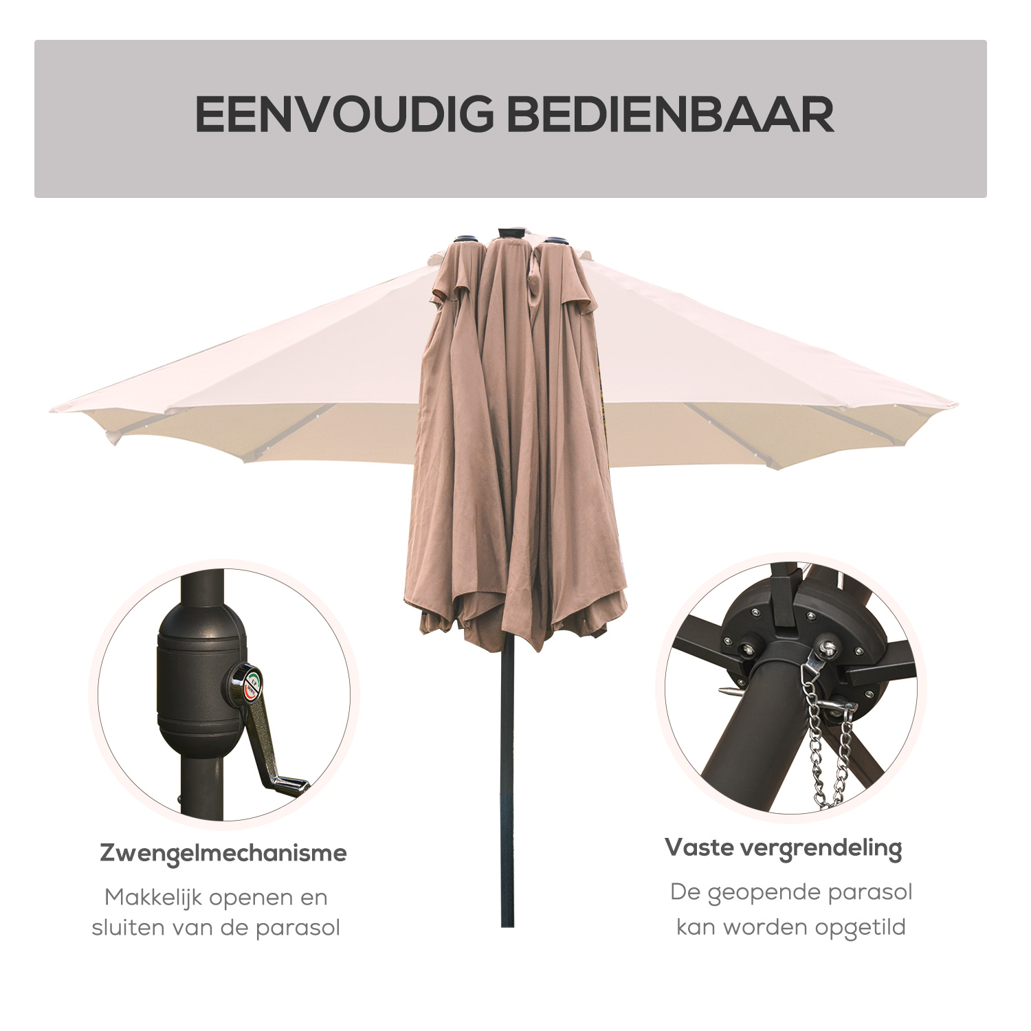 Outsunny parasol met LED dubbele parasol 440 x 260 cm tuinparasol marktparasol grote terrasparasol met handslinger ovaal metaal kaki