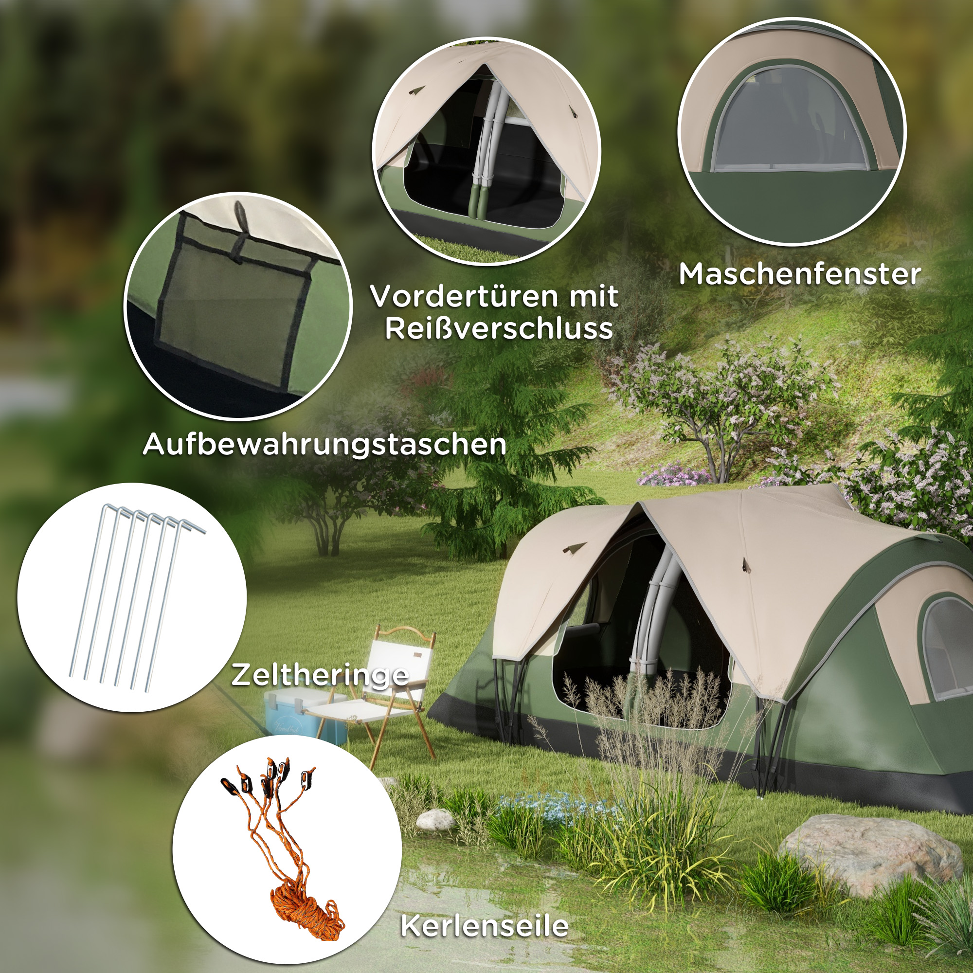 Outsunny Campingtent, 2 Ruimtes, Verwijderbare Scheidingswand, voor 6 Personen, Waterdicht, Donkergroen
