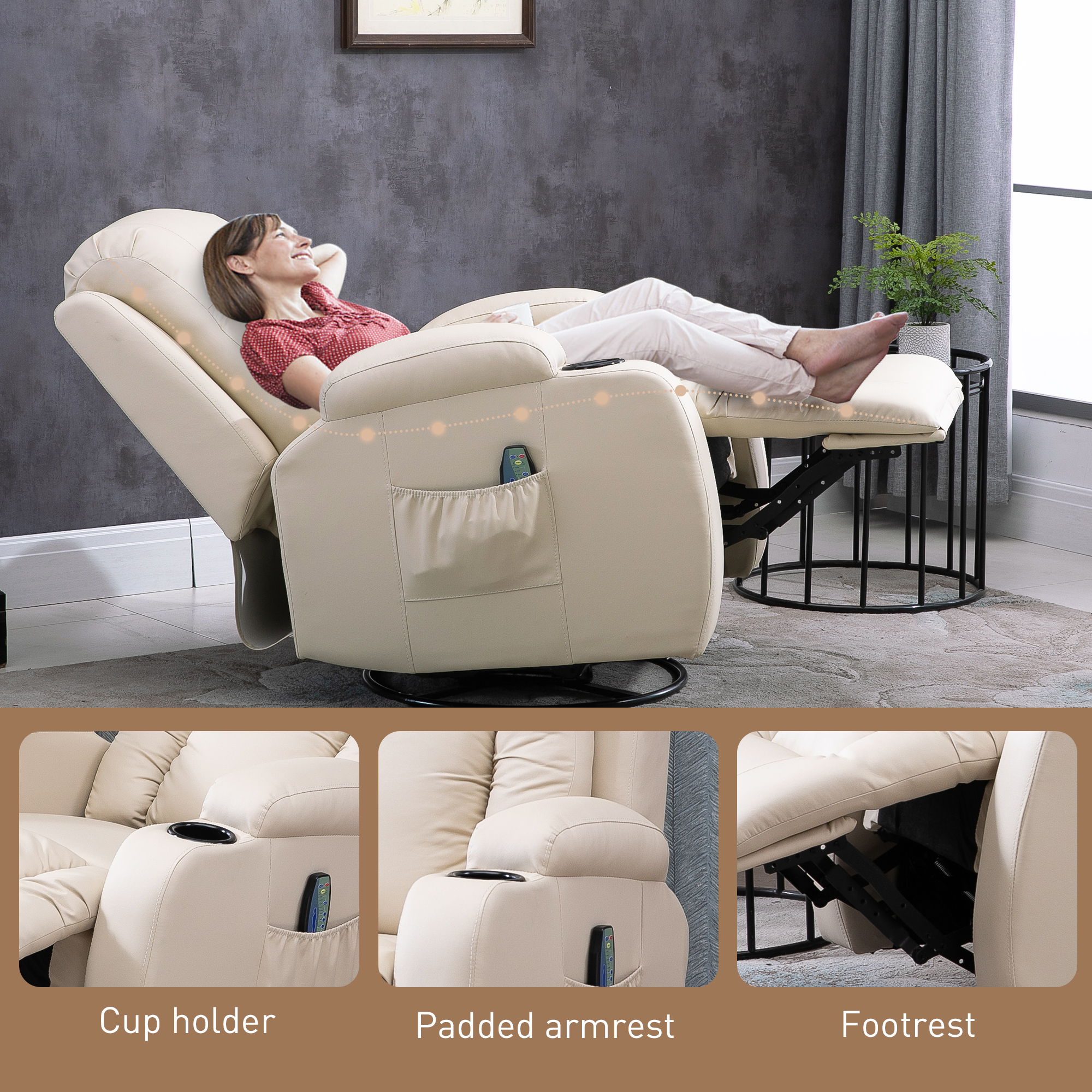 HOMCOM Massagestoel, relaxstoel, schommelfunctie, 8 vibratiepunten, inclusief afstandsbediening, zwart, crème