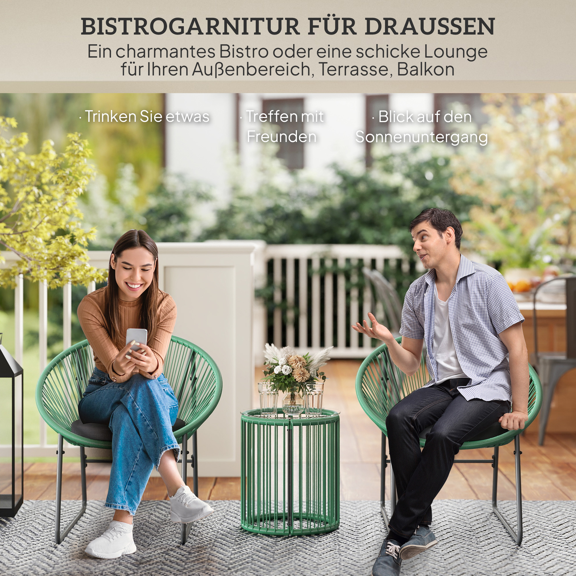 Outsunny 3-delig Buitenmeubelset, 1 Tafel, 2 Stoelen, Glazen Tafelblad, Kunststof-Rattan om Stalen Frame, Zachte Kussens, Groen
