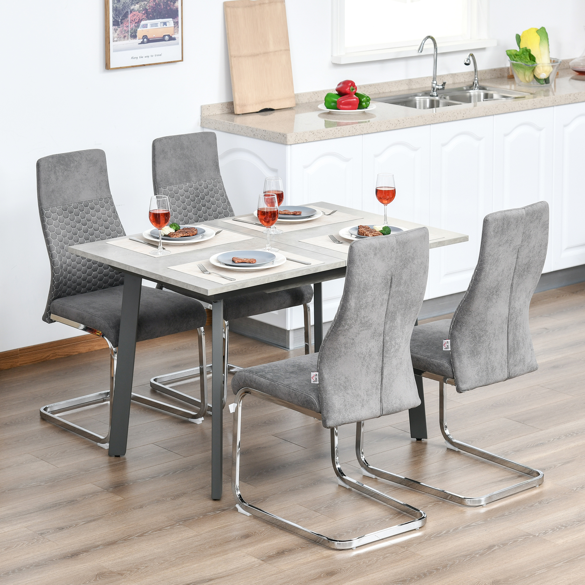 HOMCOM Set van 4 sledestoelen, 4-delige keukenstoelen, microvezel, 45 x 61 x 98 cm, grijs