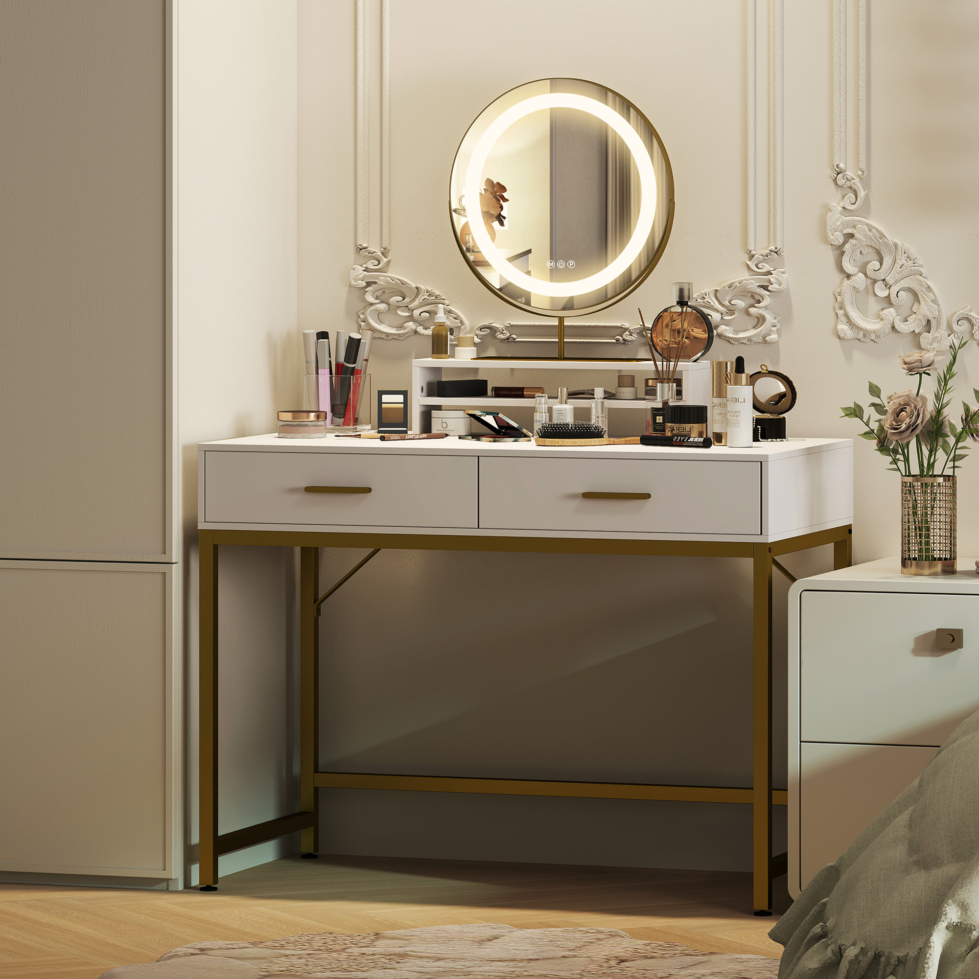 HOMCOM Kaptafel met 360° Spiegel, LED-verlichting, 2 Laden, Wit/Goud