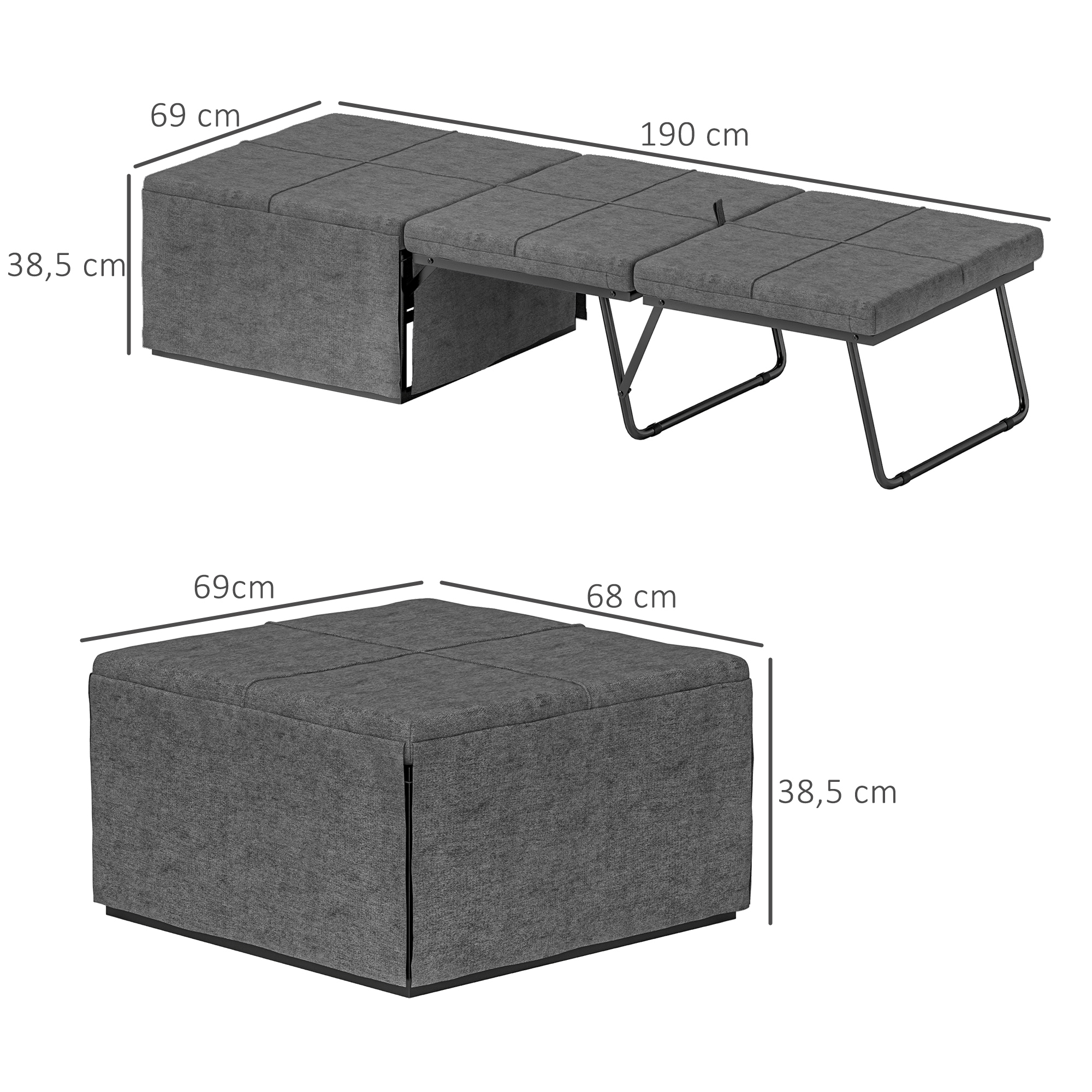 HOMCOM Opklapbaar Bed, met Matras en Stofhoes, 190 x 69 x 38,5 cm, Grijs
