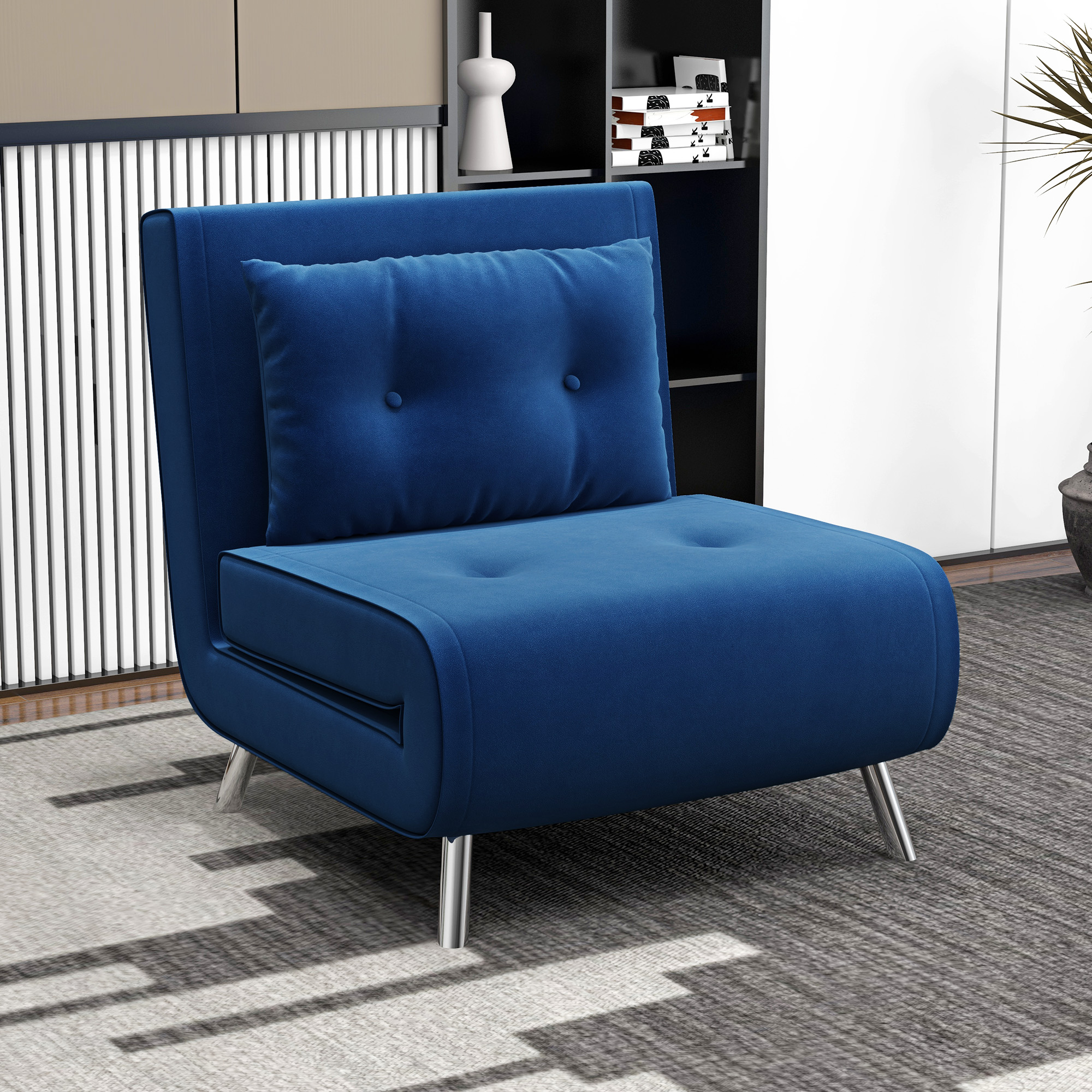 HOMCOM Ligstoel Stoel met Ligfunctie Slaapstoel, Knoopstiksels, Fluweellook, 77 cm x 88 cm x 83 cm, Blauw