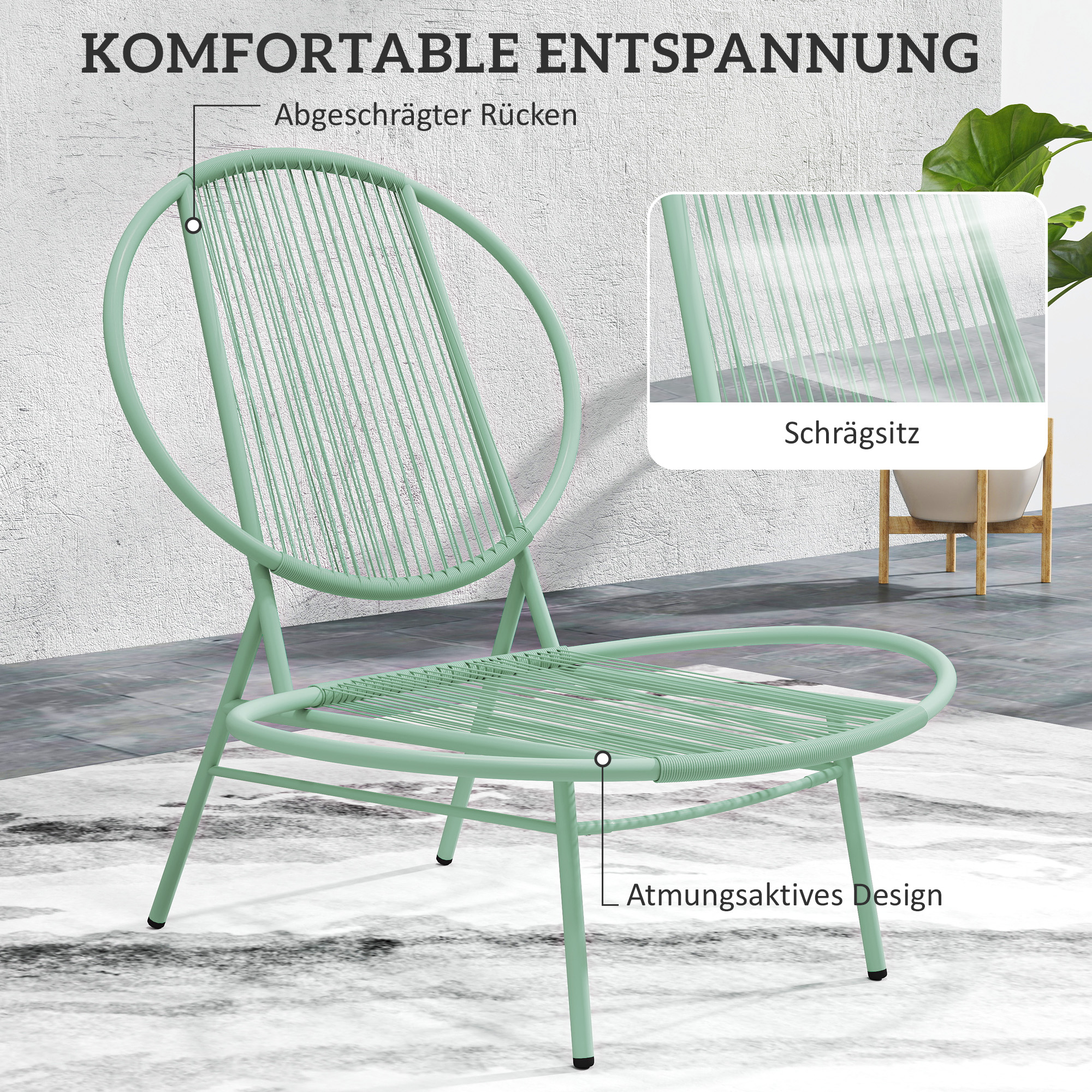 Outsunny 3-Delige Bistroset van Polyrattan - Weerbestendige Tuinmeubelset met Bistrotisch - Schelpvormige Tuinstoelen Groen