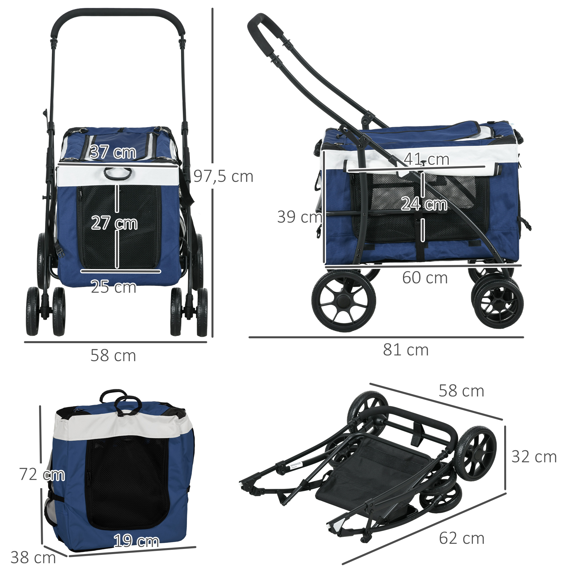 PawHut Hondenbuggy Huisdierbuggy Hondenkar, inklapbaar, afneembare mand, 81 x 58 x 97,5 cm, Zwart + Blauw + Wit