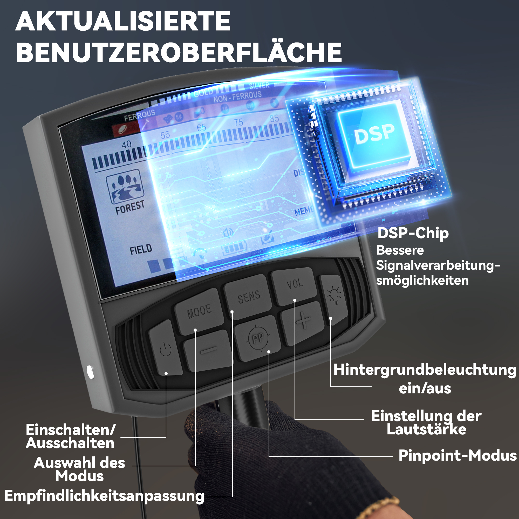 Outsunny Metaaldetector voor Volwassenen 5 Modi Draagbaar Detectieapparaat LCD-Display IP68 Waterbestendig Donkergrijs