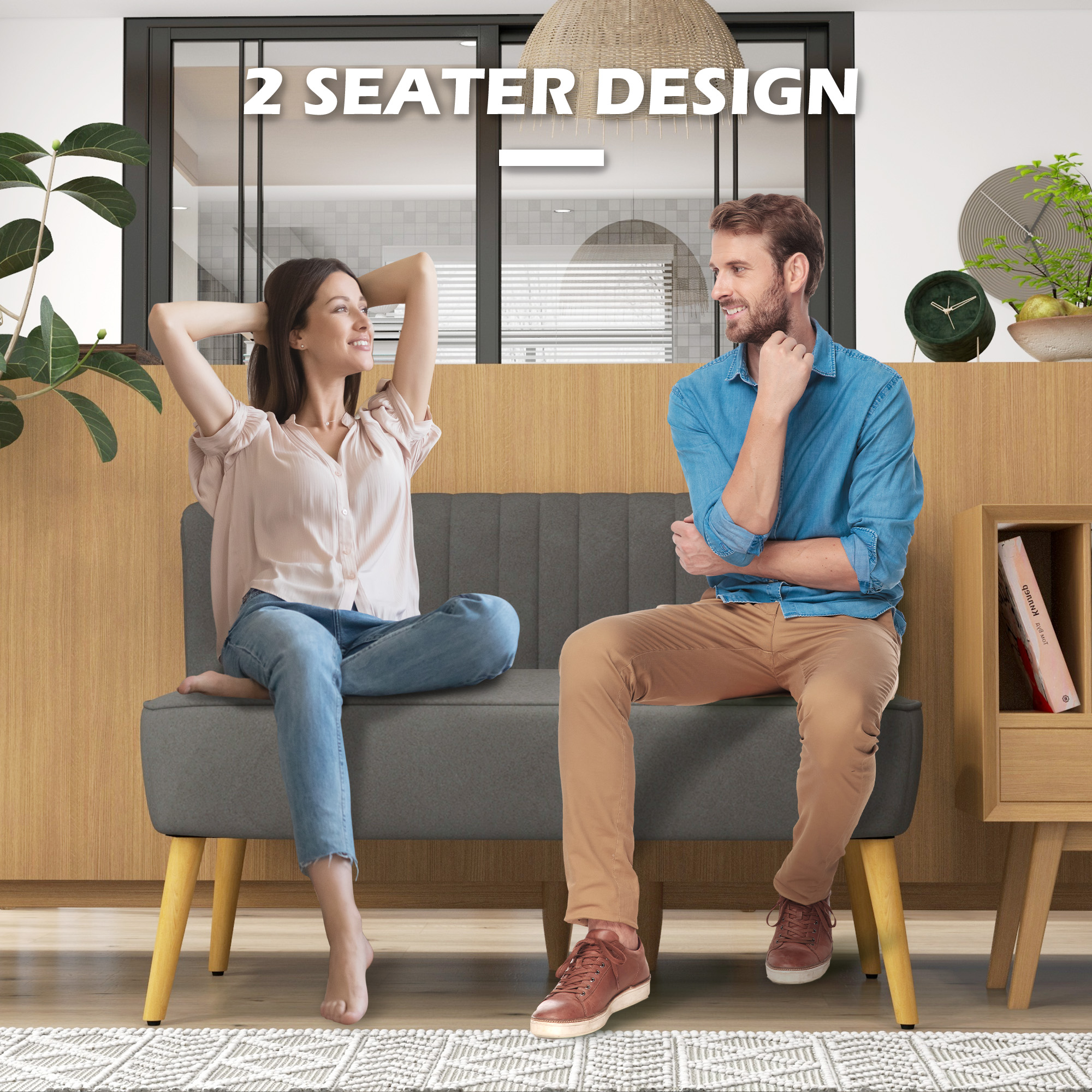 HOMCOM Sofa Retrodesign 2-zitsbank, houten poten, 117 cm x 56,5 cm x 77 cm, Donkergrijs