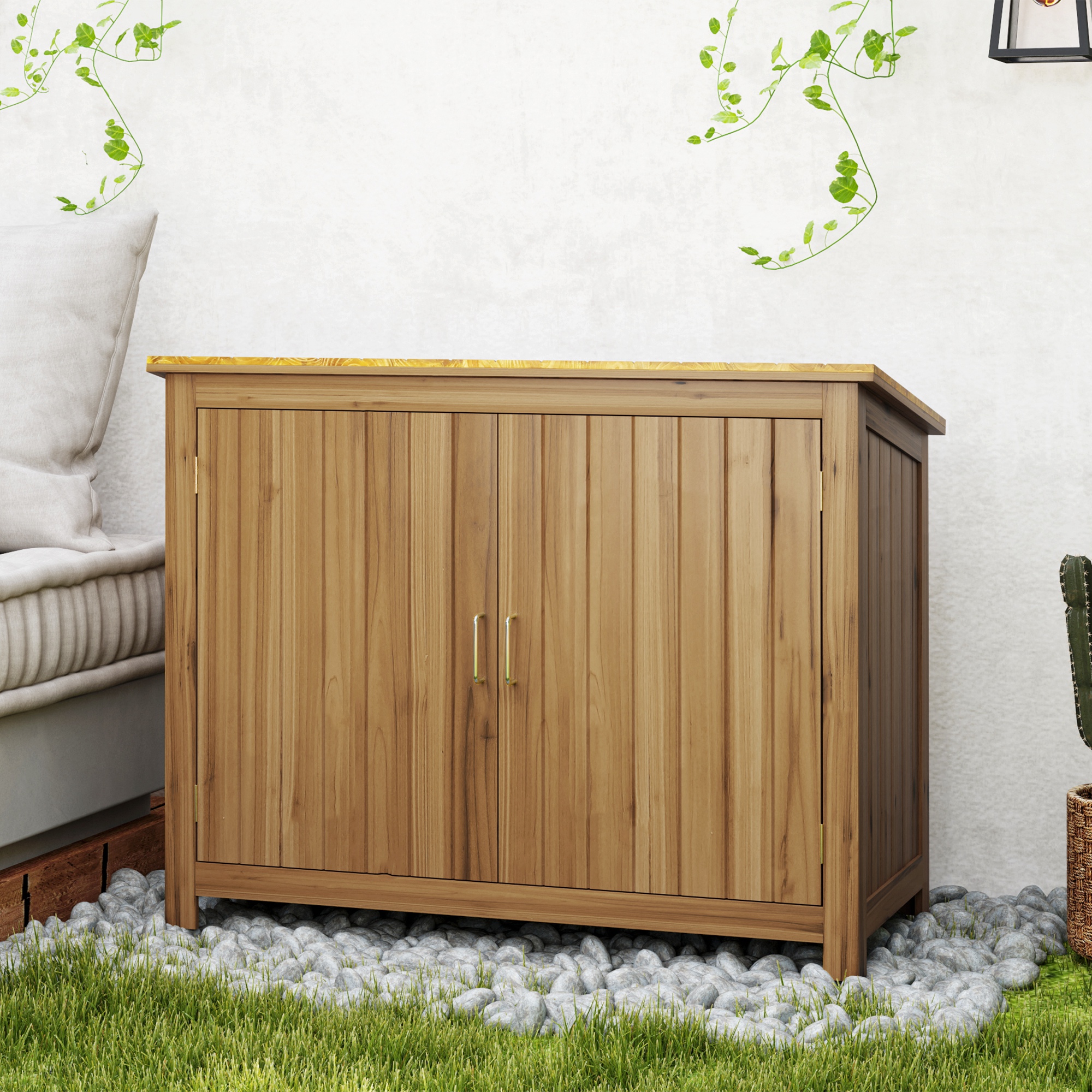 Outsunny Tuinkast, Houten Kommode met 2 Planken voor Tuin, Terras, Weerbestendig, 110 x 50 x 85 cm, Bruin